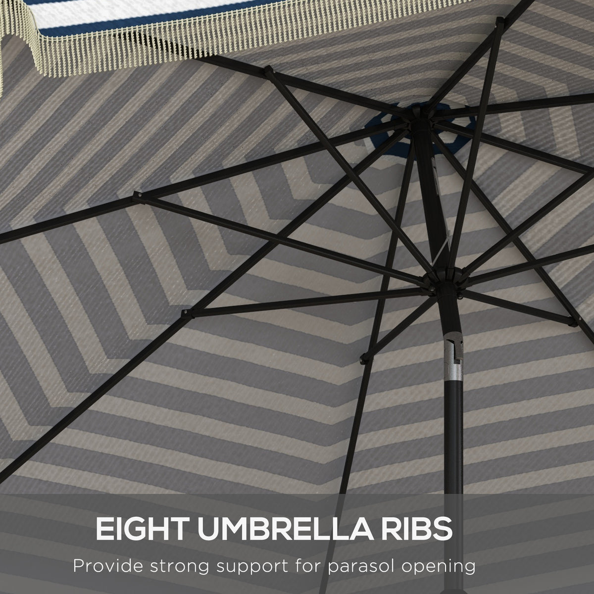 9ft Patio Umbrella Outdoor Table Umbrella w/ Tilt, Crank, Ruffled, 8 Ribs for Garden, Deck, Pool, Blue Stripe