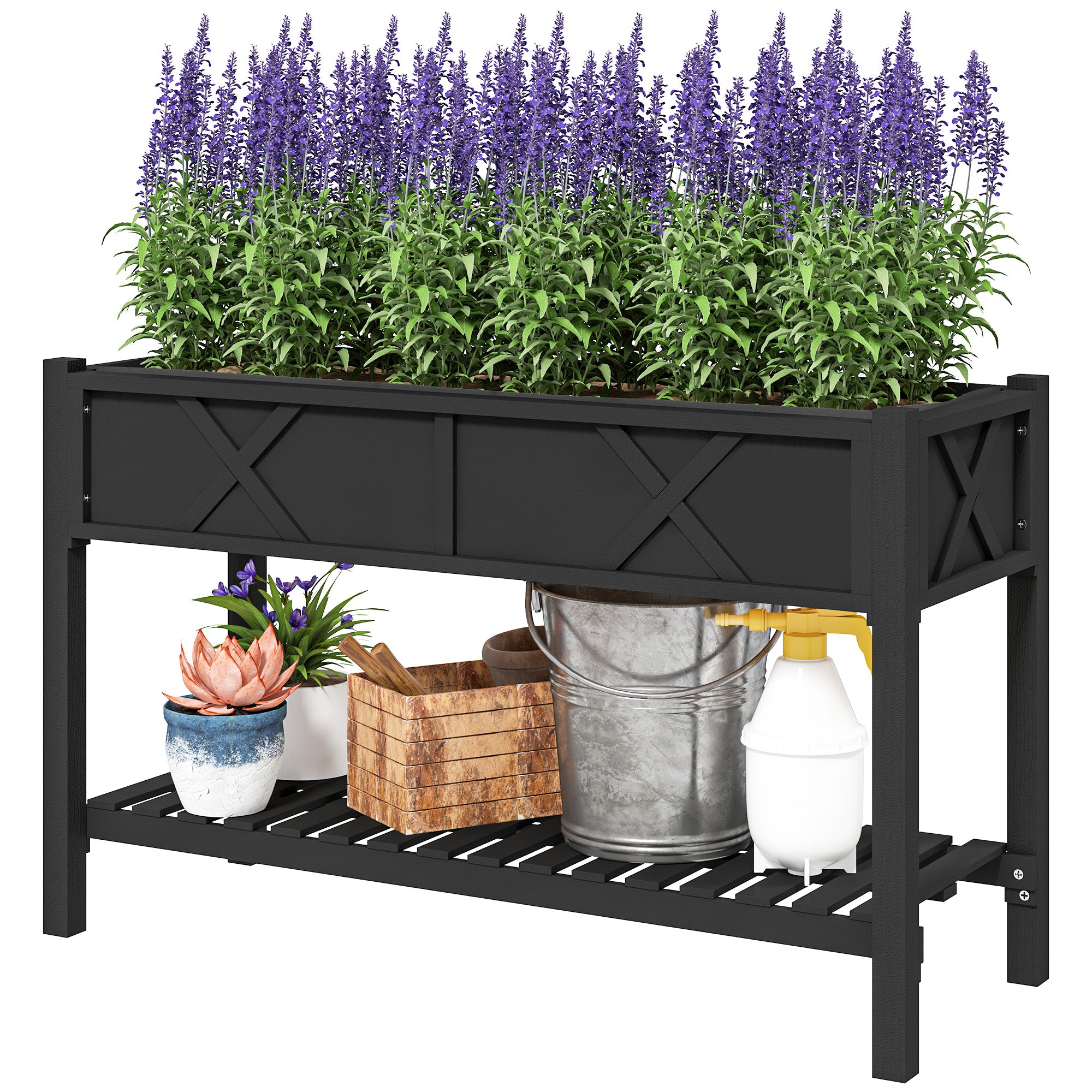 Raised Garden Bed, 47 x 22 x 31.5 in. Elevated Wood Planter Box with Storage Shelf, Drainage Holes, and Liner, Black - Black