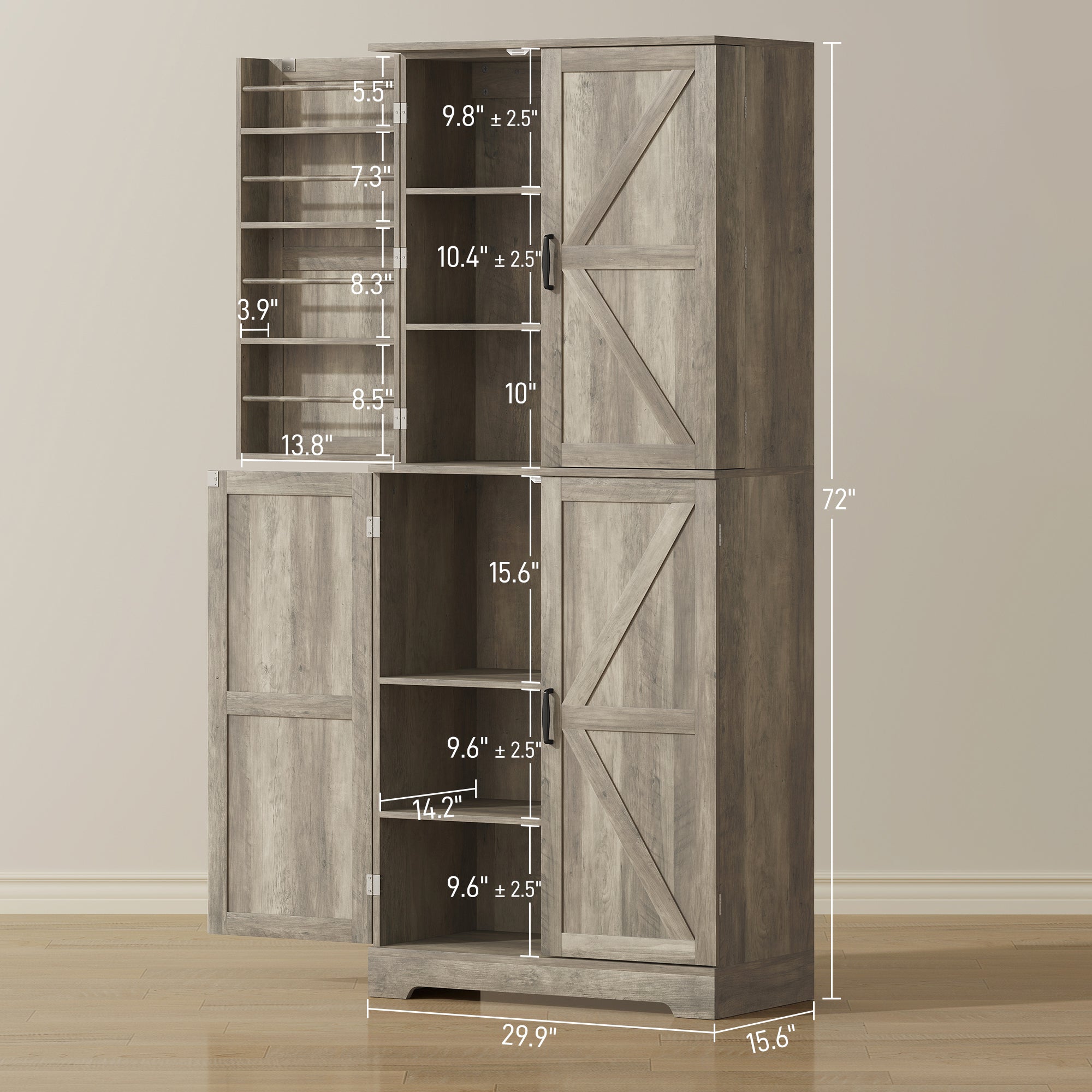 Farmhouse Kitchen Pantry, 72" Tall Pantry Cabinet with 4 Barn Doors, 4 Adjustable Shelves and 8 Door Shelves, Gray Wash