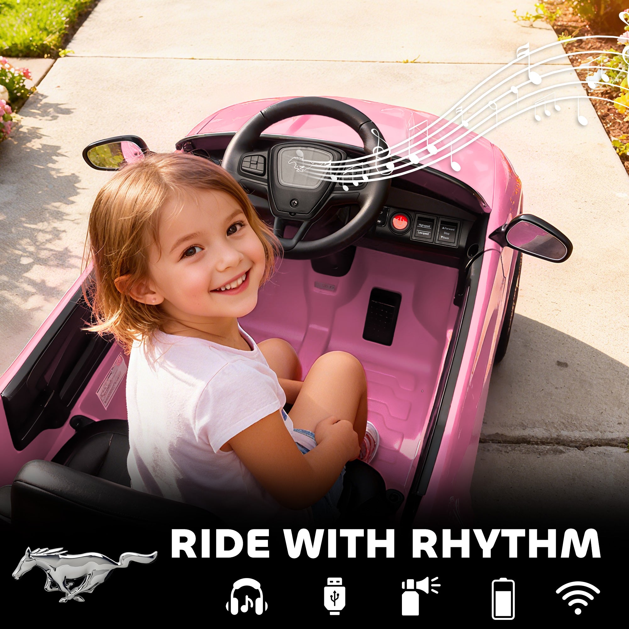 12V Kids Ride On Car, Licensed Ford Mustang Mach-E Electric Car with Remote Control, LED Light, Music, Pink