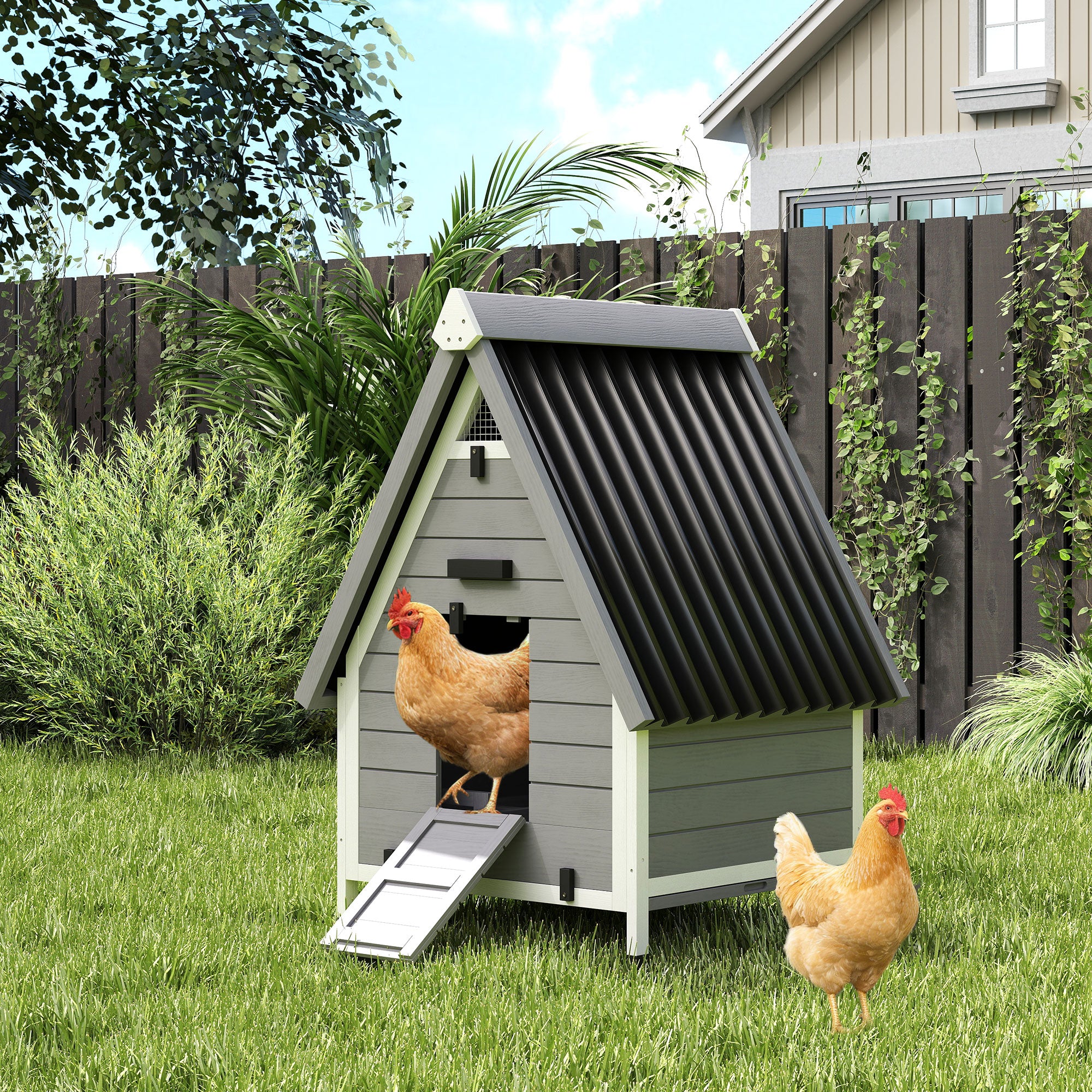Chicken Coop for 2 Chickens, Outdoor Wooden Chicken House with Removable Nesting Box & Roosting Bar, Tray, Ramp - Gray - Image 2
