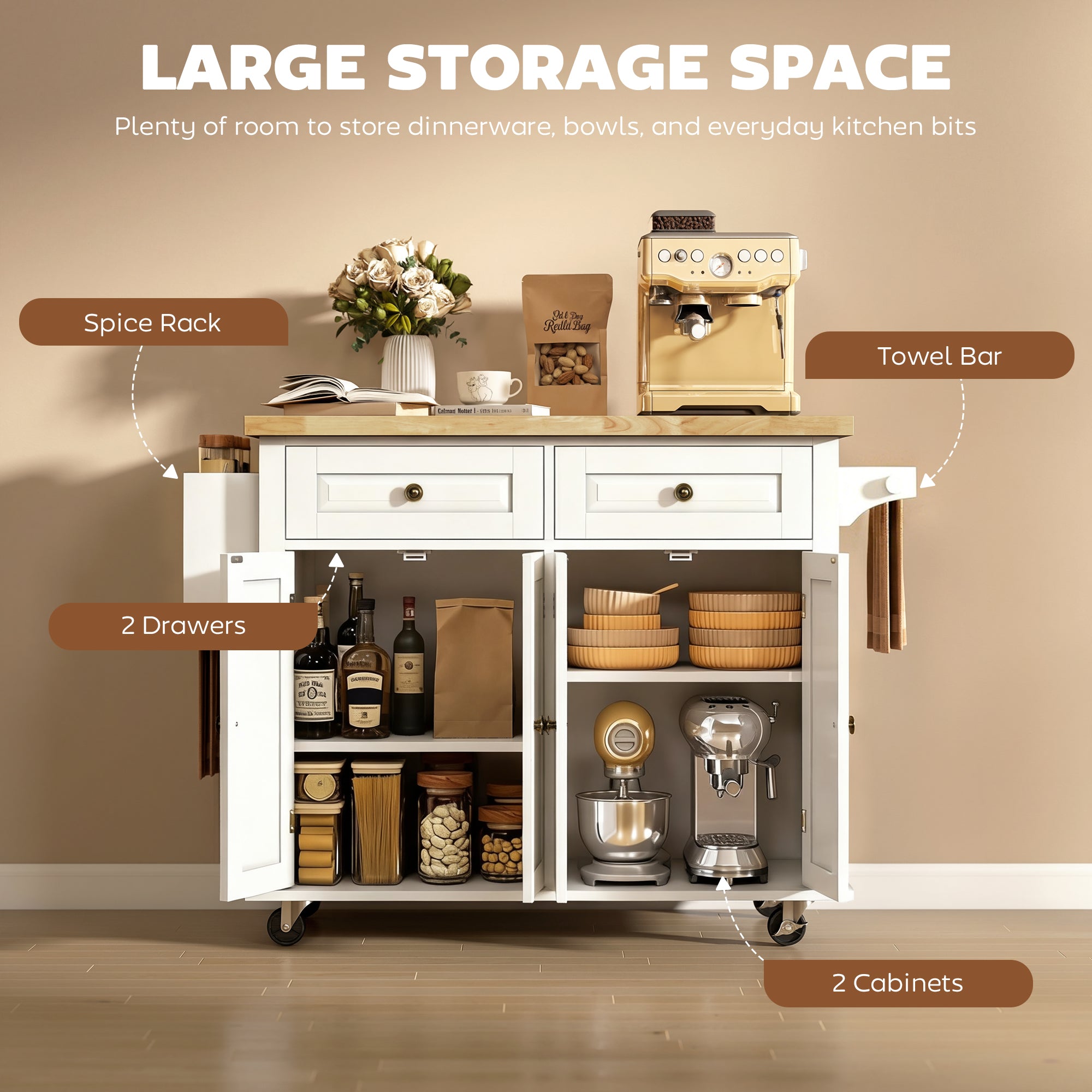 44" Mobile Kitchen Island Table, Kitchen Island Cart on Wheels with Storage Cabinets, 2 Drawers, White