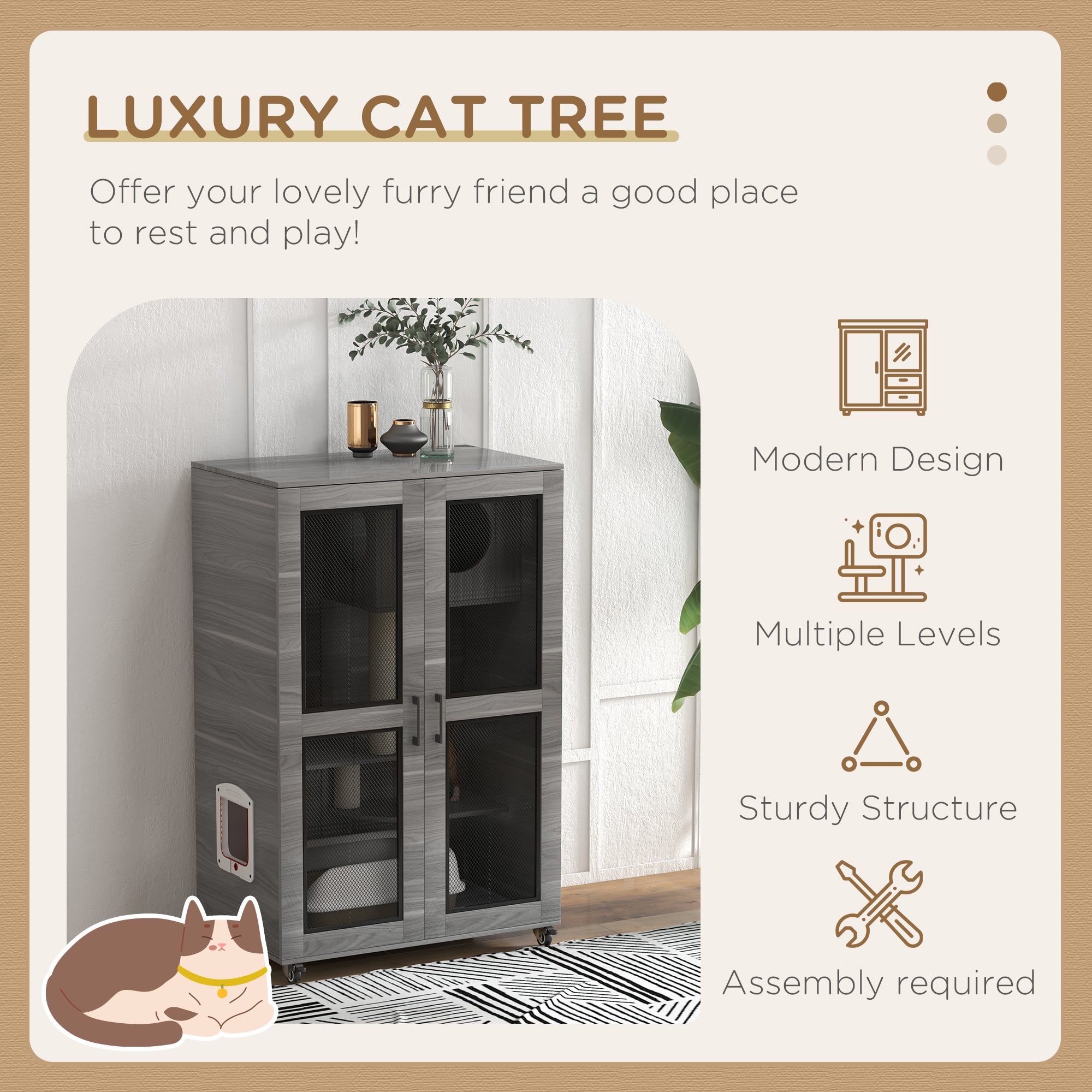 Cat Tree House with Scratching Post and Wheels, Gray - Gray - Image 4