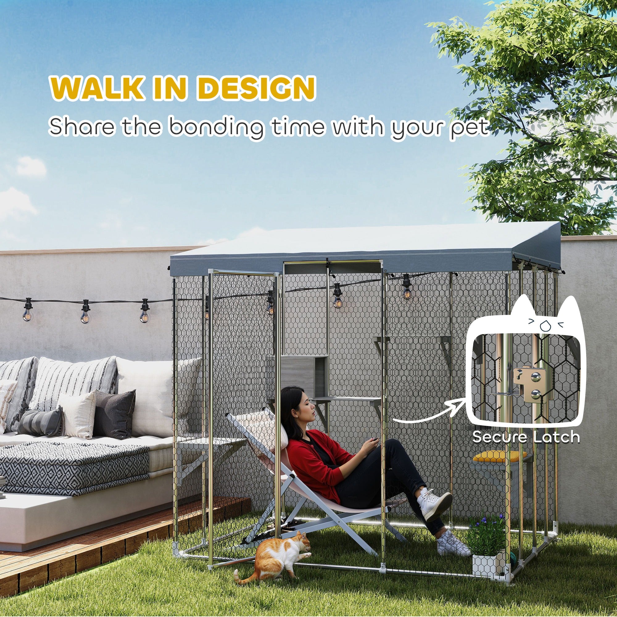 79" Galvanized Steel Large Catio with Waterproof Canopy, Sleeping Box, Jumping Platforms, for 1-3 Kittens, Silver - Silver - Image 5