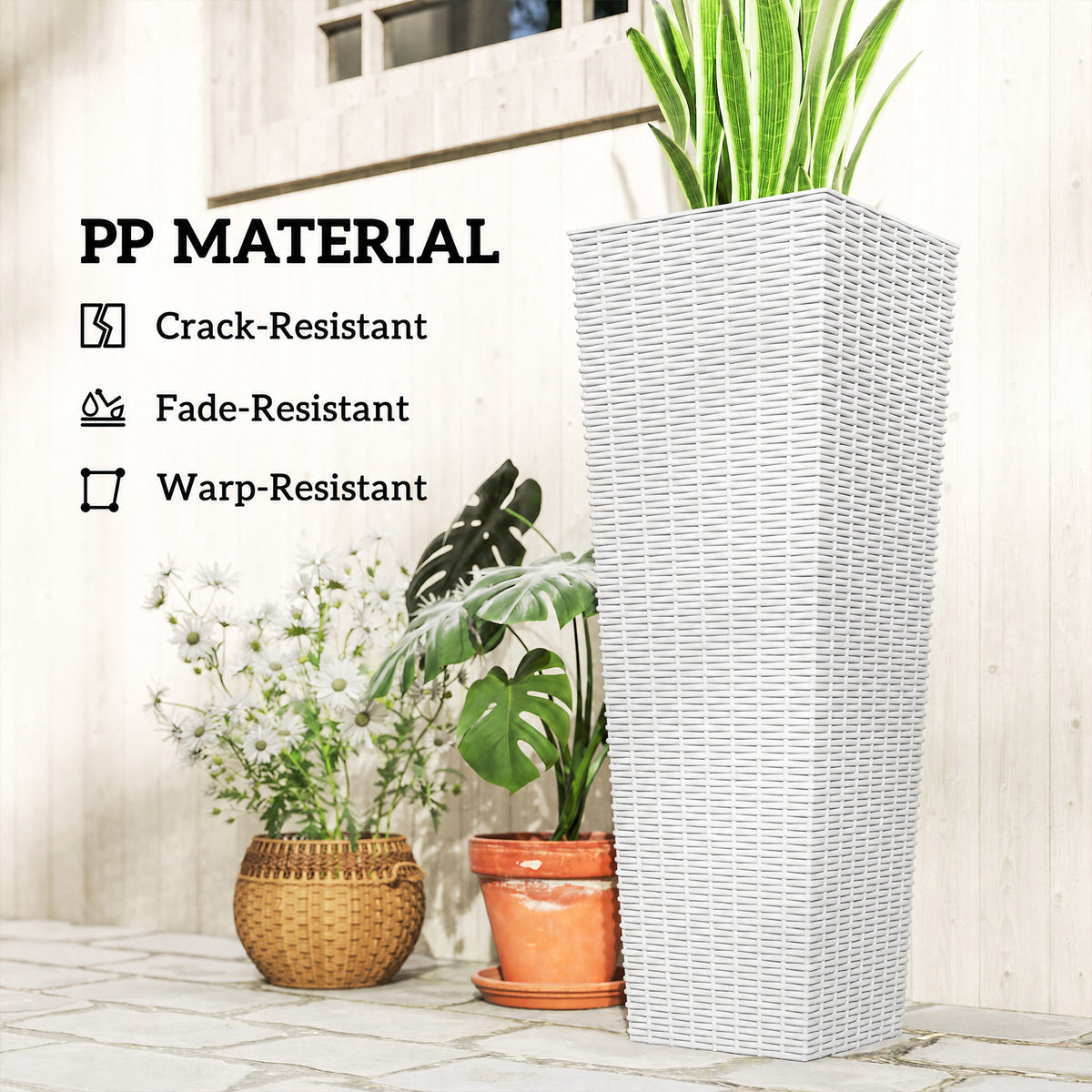 32 Inch Tall Planters for Outdoor Plants, Set of 2 Plastic Flower Pots with Drainage Holes, White