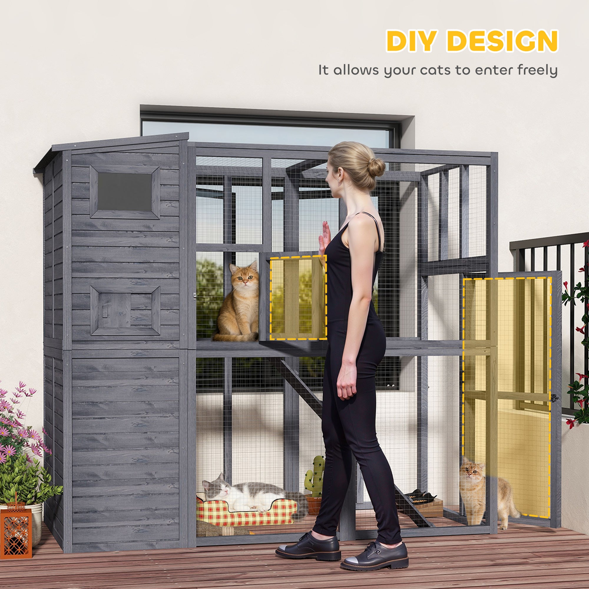 Wooden Outdoor Catio with Platforms, Asphalt Roof, Ramps, Gray - Gray - Image 8