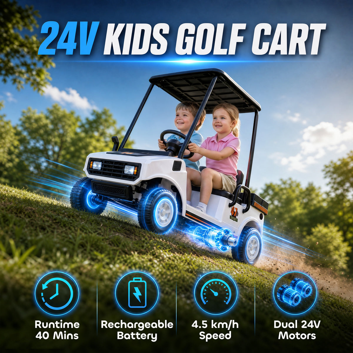 24V Kids Golf Cart 2WD 2-Seater with Remote, Soft Start, Rear Suspension, Sunshade, Storage, Gift for 3-6 Years, White