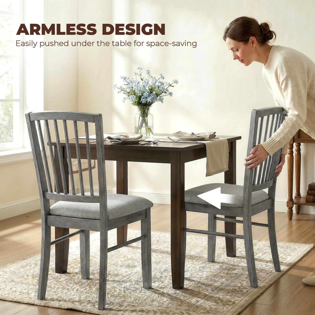 Dining Chairs Upholstered Kitchen Chairs with Rubberwood Legs Set of 2, Rustic Gray