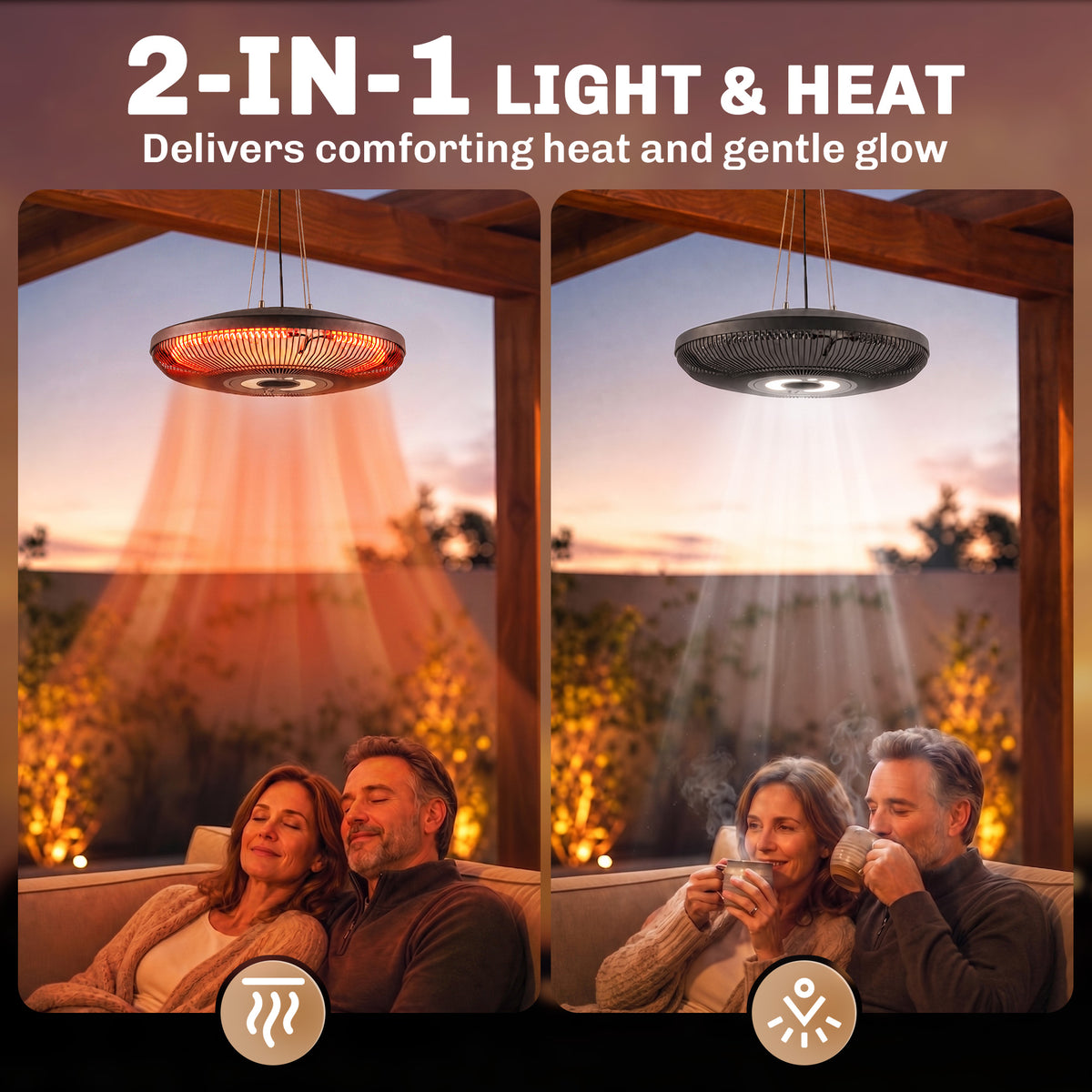 Electric Hanging Patio Heater with LED Light, 750/1500 W IP65 Ceiling Mounted Infrared Outdoor Heater, Black