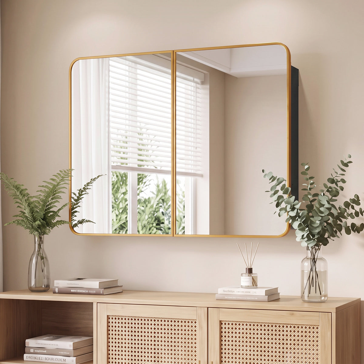 30" x 24" Medicine Cabinet with Mirror, Bathroom Mirror Cabinet with Adjustable Shelves, Wall-Mounted or Recessed, Gold 