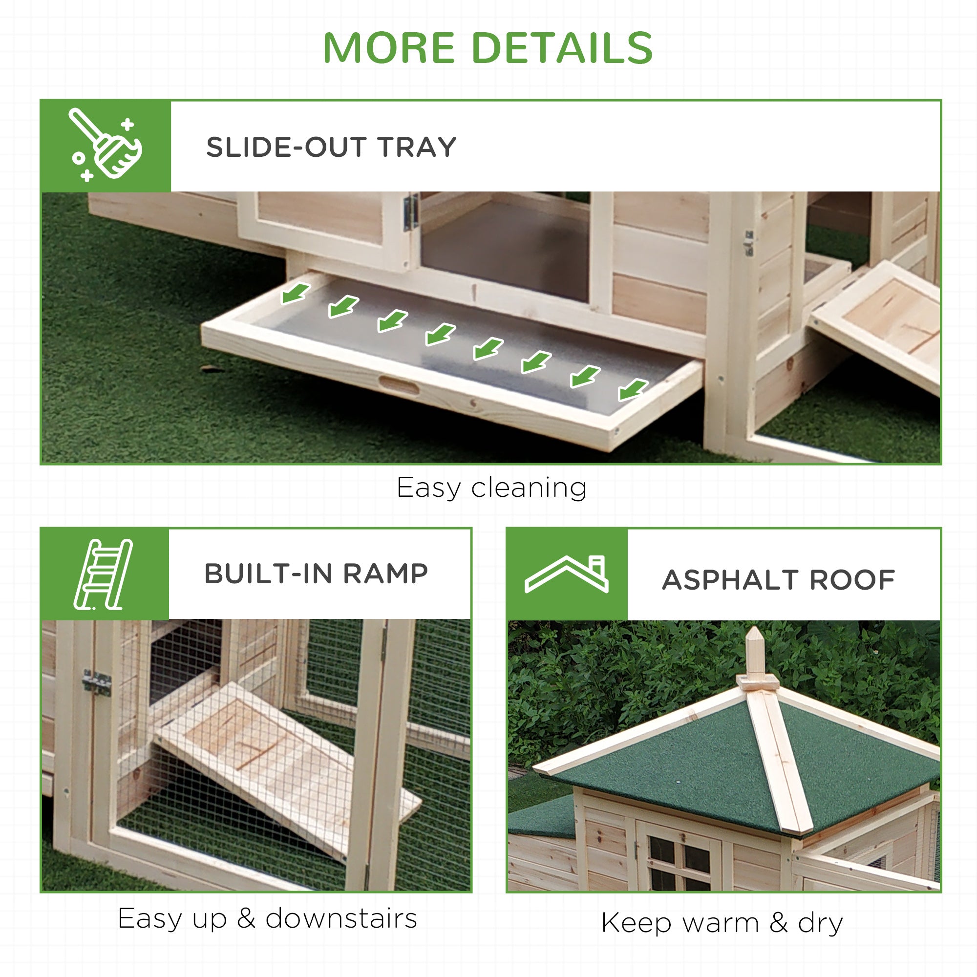 77" Wooden Chicken Coop with Nesting Box, Cute Outdoor Hen House with Removable Tray, Ramp Run, for Garden Backyard, Natural - Natural Wood - Image 7