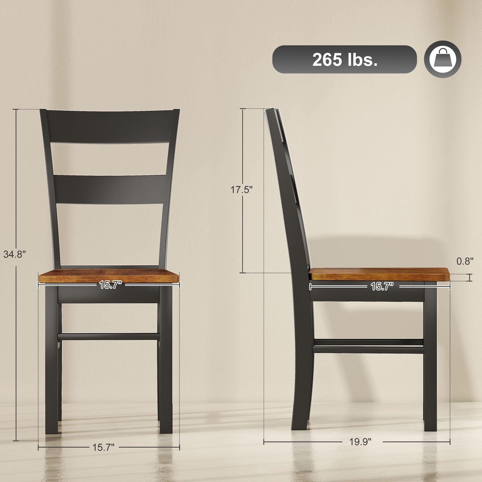 Farmhouse Dining Table Chairs, Set of 2 Rubber Wood Kitchen Table Chairs with Open Back for Living Room, Black