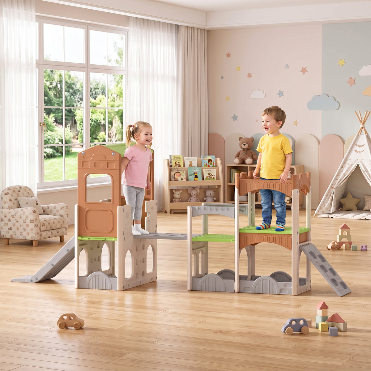 8 in 1 Toddler Slide Set with Balance Bridge, Playhouse, Climber, Storage, Indoor Playset Playground for 3-6 Years