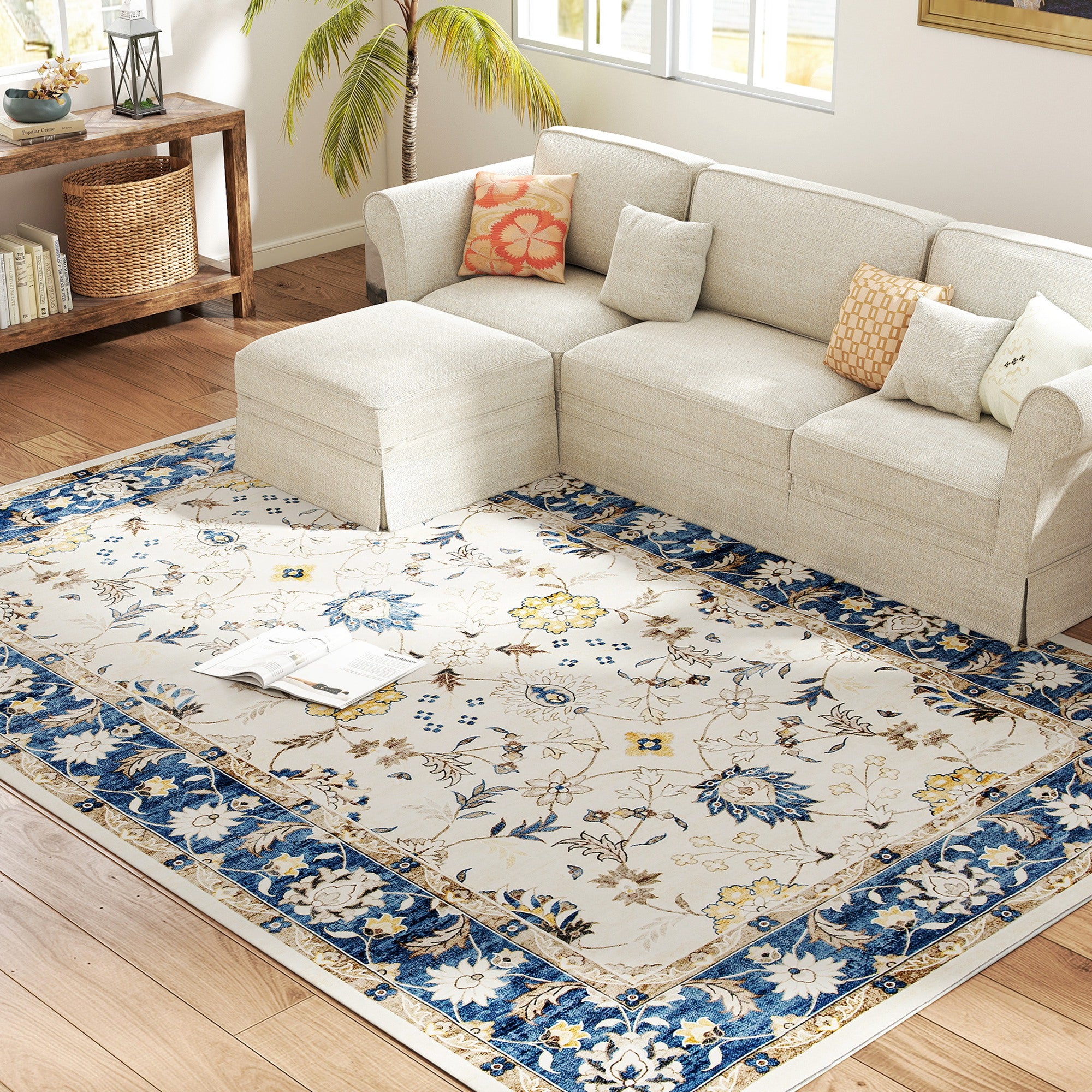 Machine Washable Area Rug 8x10, Non-Slip Boho Floral Print Floor Carpet for Living Room, Bedroom, Dining Room, Blue