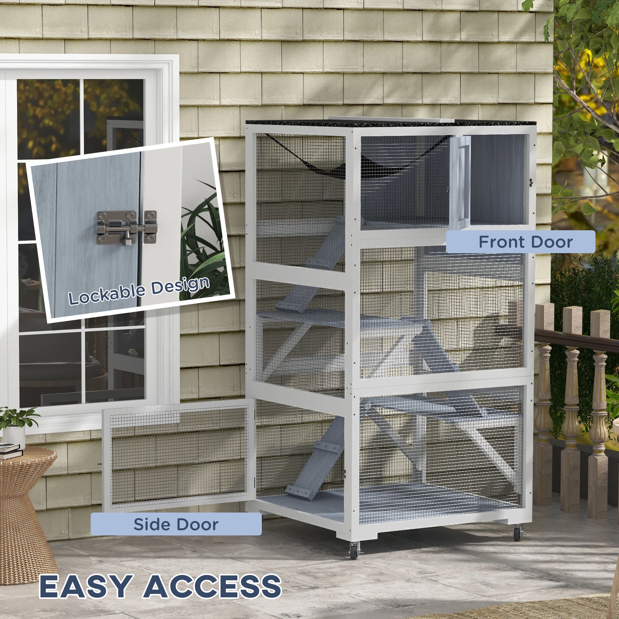 Catio, Outdoor Cat Enclosure House on Wheels with Hammock, Gray - Light Gray - Image 6