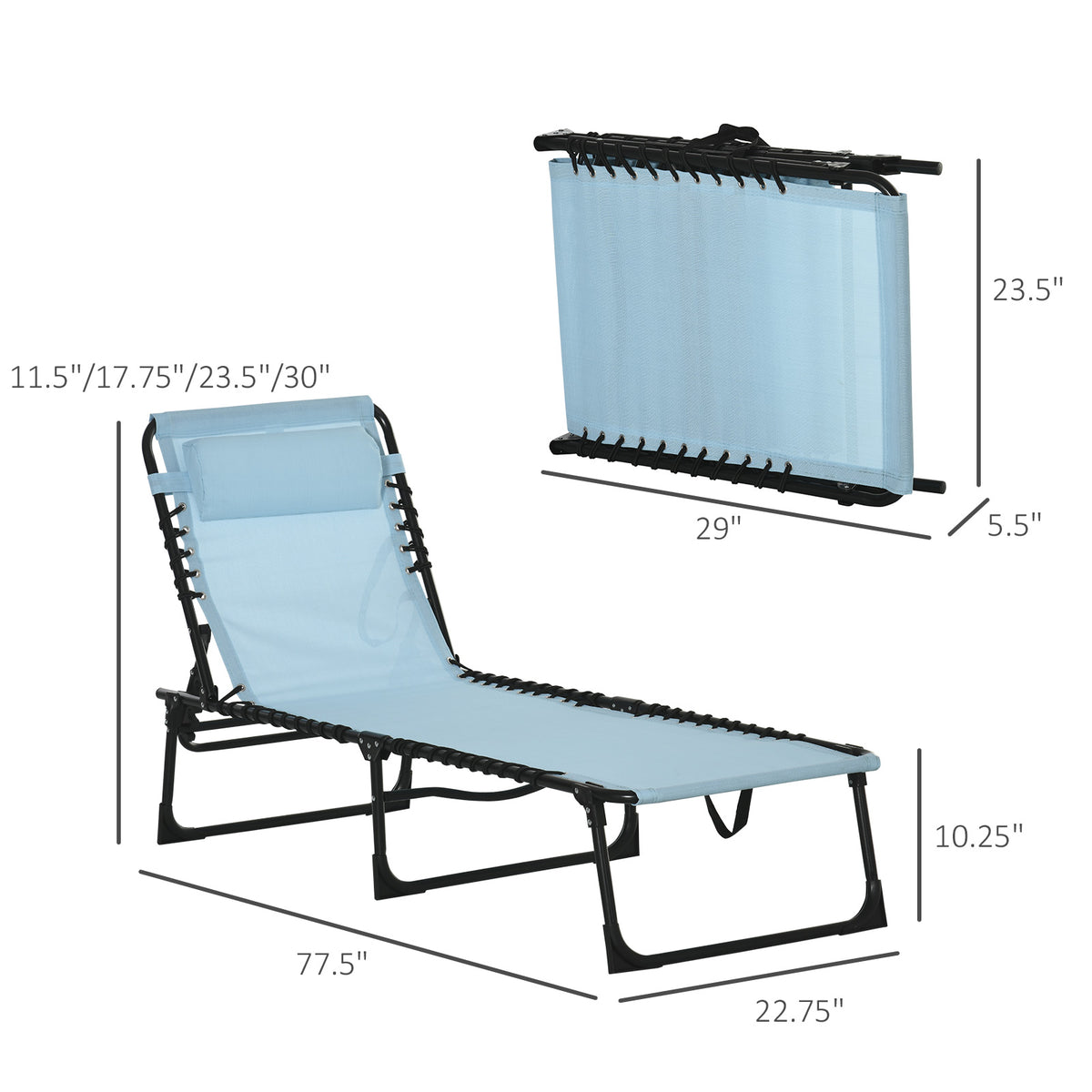 Set of 2 Folding Chaise Lounge Chairs, Outdoor Sun Tanning Chairs with Reclining Back, Light Blue