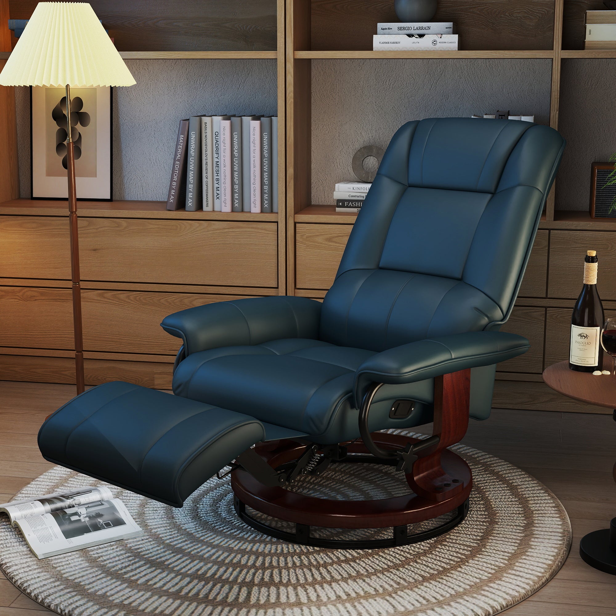Faux Leather Manual Recliner, Adjustable Swivel Lounge Chair with Footrest, Armrest and Wrapped Wood Base for Living Room, Blue