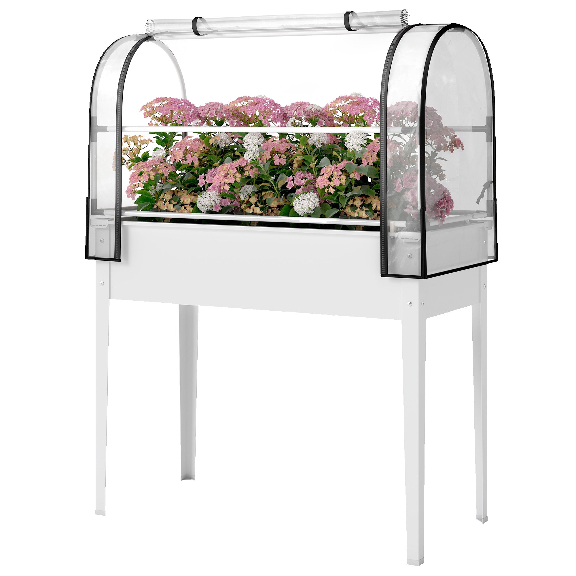 Raised Garden Bed with Flip-Up Greenhouse Cover, Metal Elevated Garden Bed with Legs and Drainage Hole, White - White