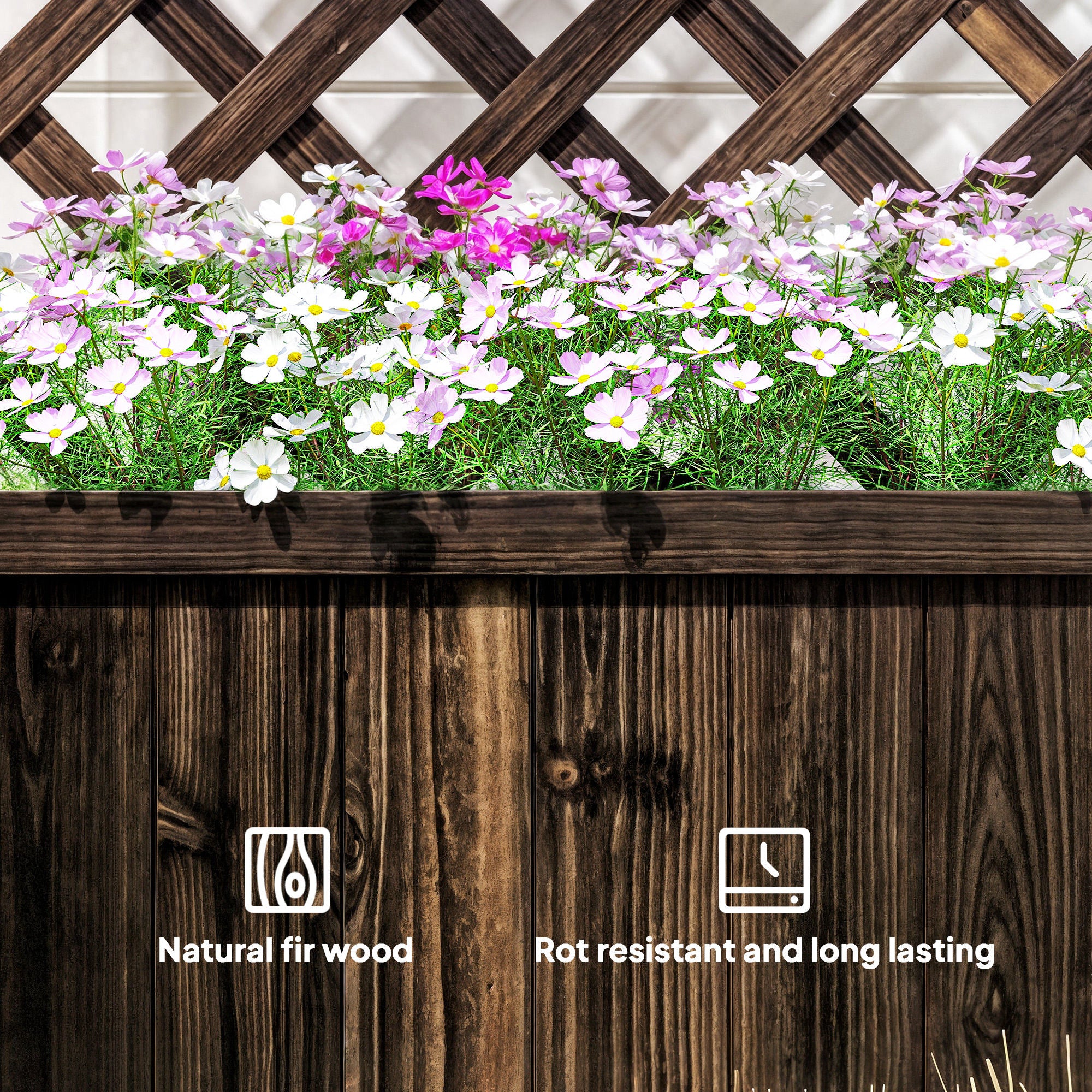 Wooden Raised Garden Bed Planting Planter Box with Trellis and Drain Holes for Climbing Vine Plants, Brown - Brown - Image 7
