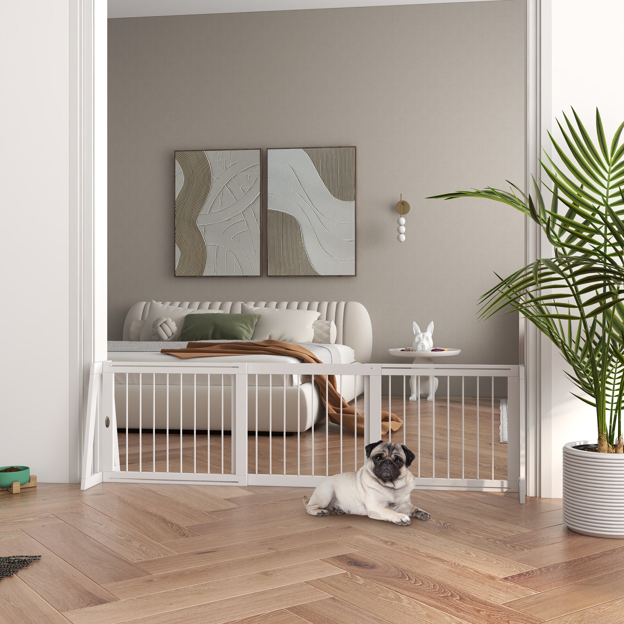 28"-75" Freestanding Wooden Pet Gate with Support Feet & Non-Slip Mats for Indoor, Stairway, Doorway, White - White - Image 2