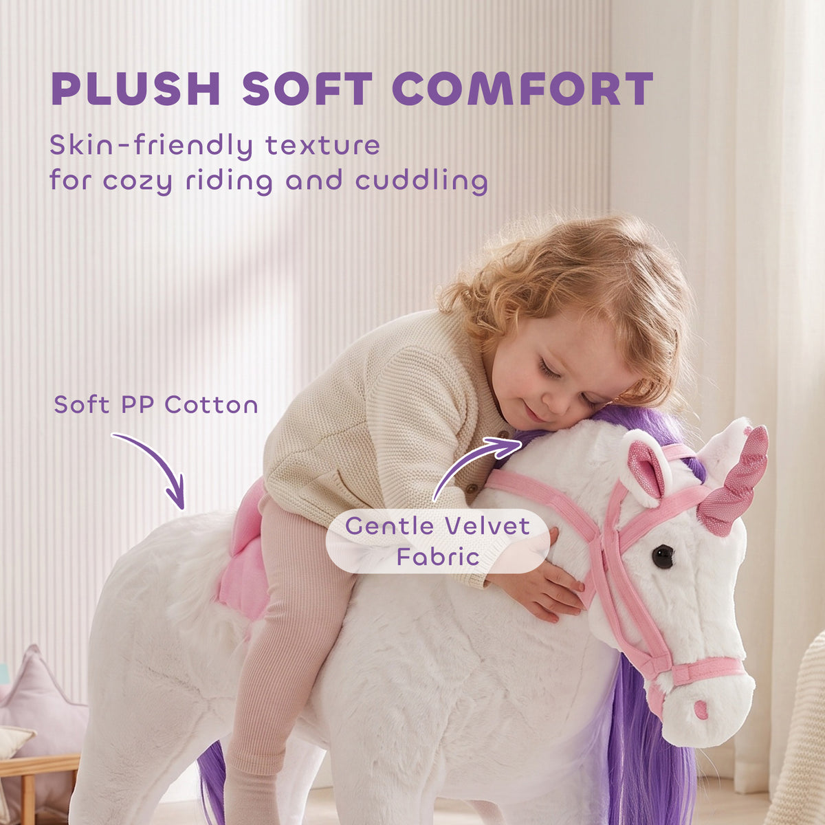Ride on Horse for Kids 2+ Years, Toddler Riding Horse with Neighing, Stuffed Animal Horse Toy with Padding, White
