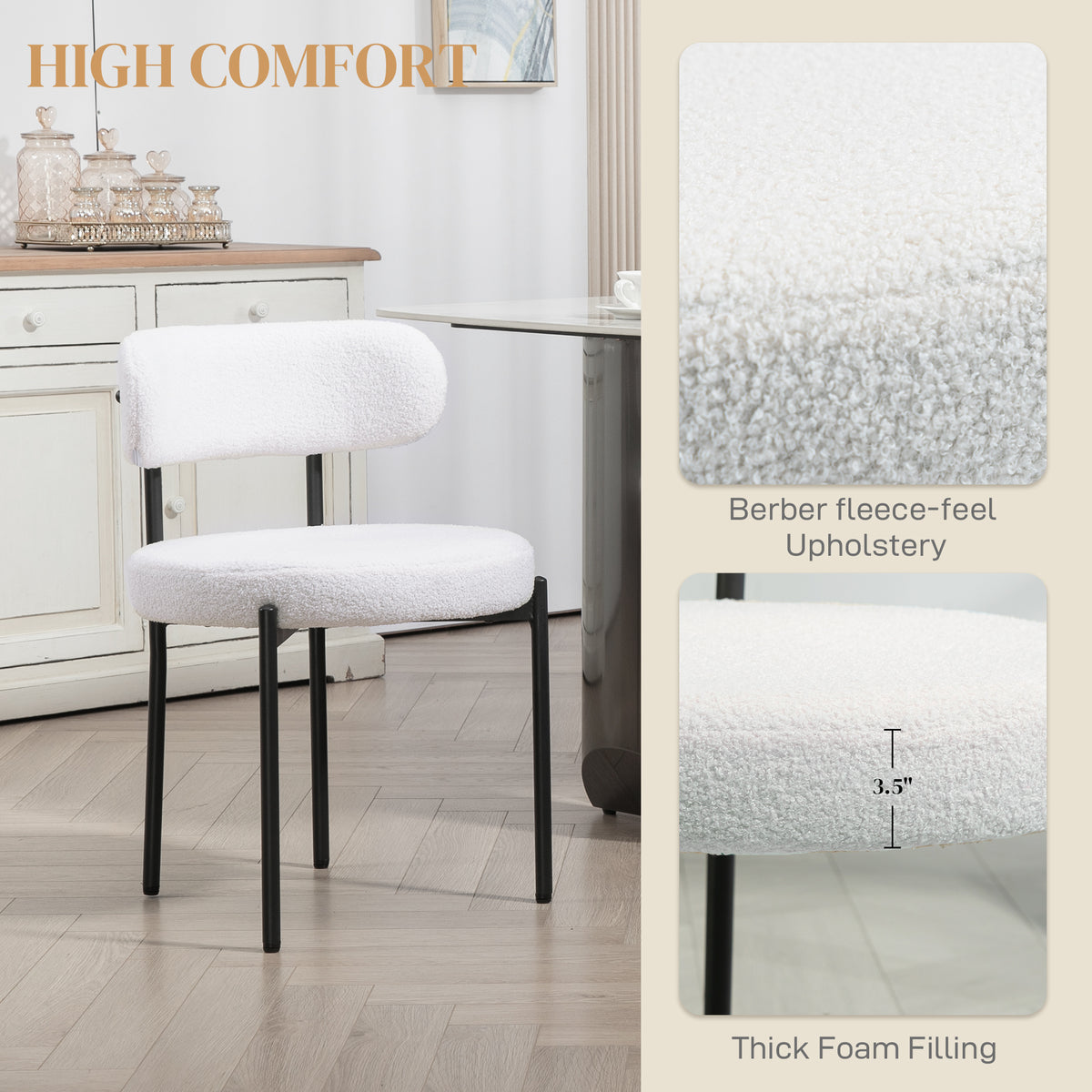 Round Modern Upholstered Kitchen Chairs, Boucle Dining Chairs Set of 4 with Curved Backrest and Thick Cushion, White