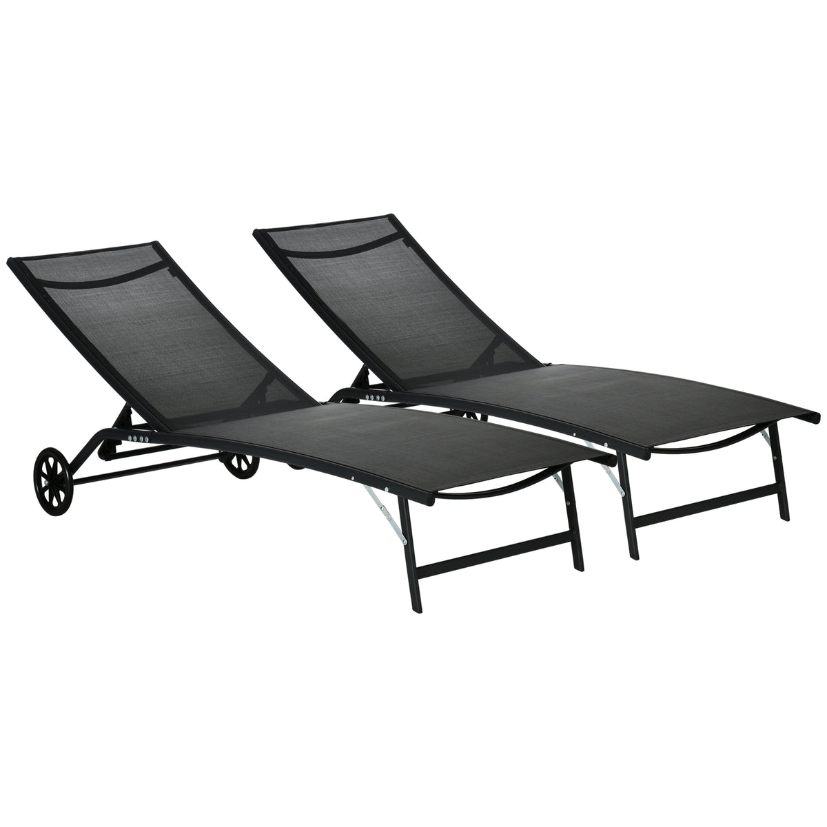 Chaise Lounge Outdoor, 2 Piece Lounge Chair with Wheels, Tanning Chair with 5 Adjustable Positions, Black