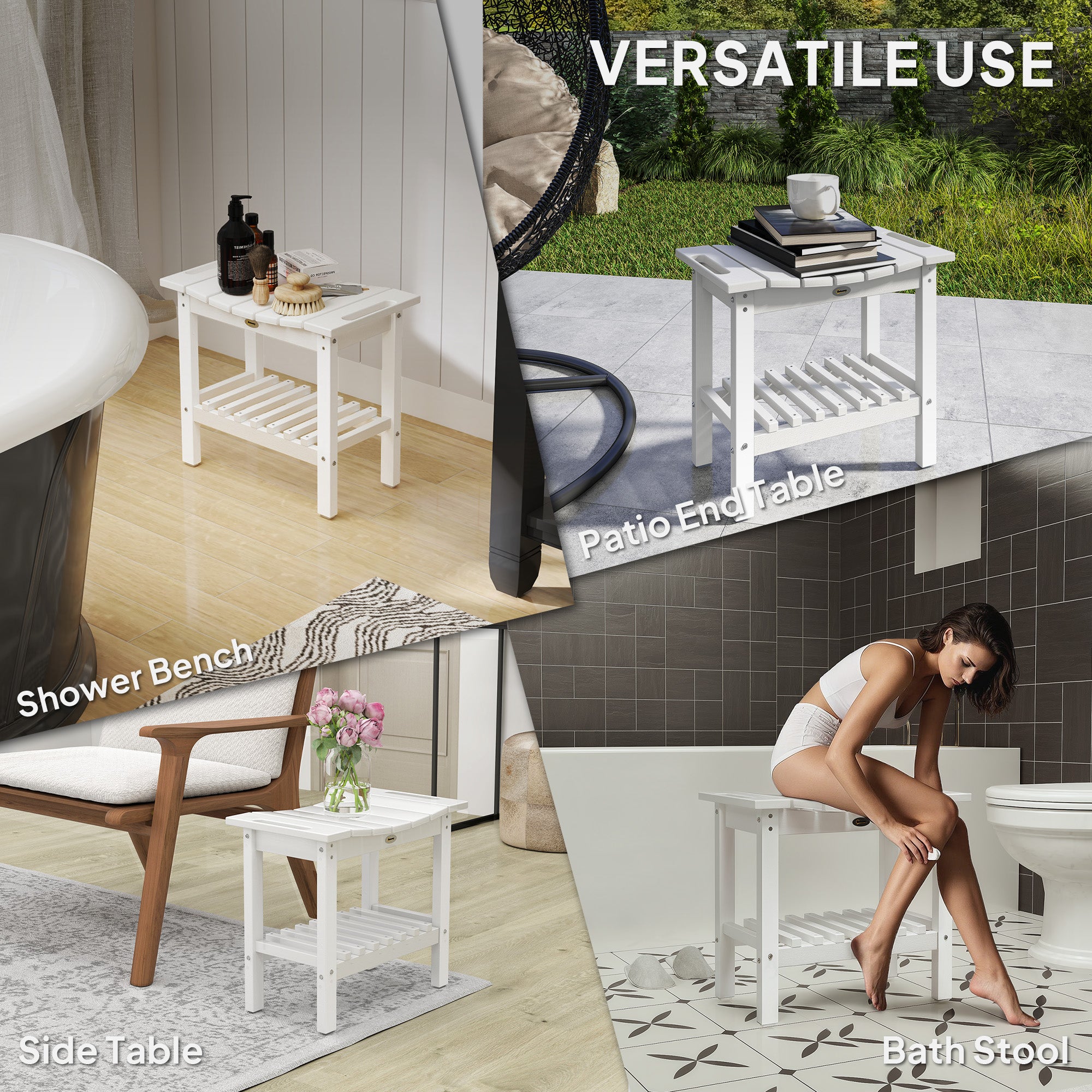HDPE Shower Bench, Waterproof Shower Stool with Handle, Storage Shelf, Non-Slip Pads for Indoor Outdoor, White