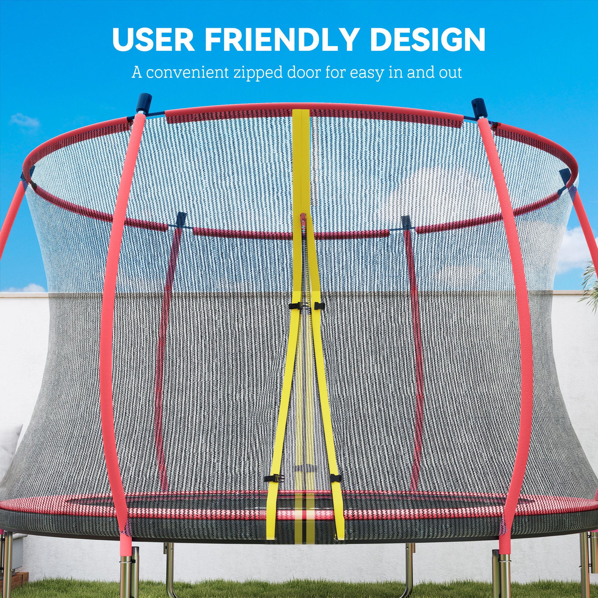 10ft Outdoor Trampoline with Net Enclosure, Curved Poles and Safety Pad, ASTM Approved, Red