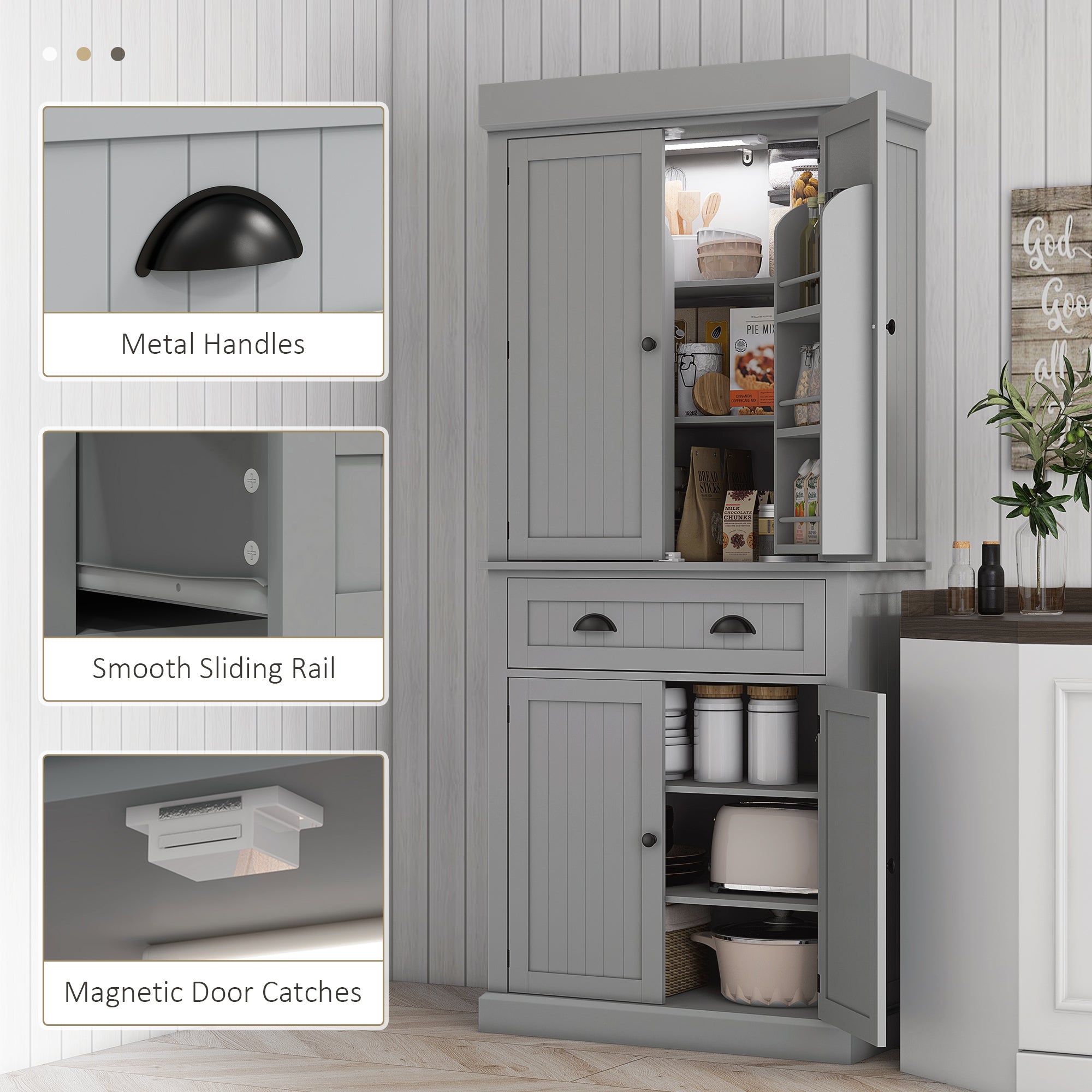 71" Kitchen Pantry Cabinet with LED Lights, 6 Door Shelves, a Drawer and 4 Adjustable Shelves, Gray