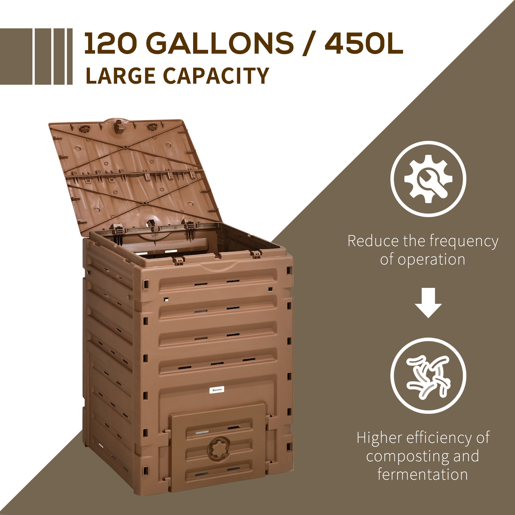 Garden Compost Bin, 120 Gallon (450L) Garden Composter, BPA Free, with 80 Vents and 2 Sliding Doors, Lightweight & Sturdy, Fast Creation of Fertile Soil, Brown - Brown - Image 4