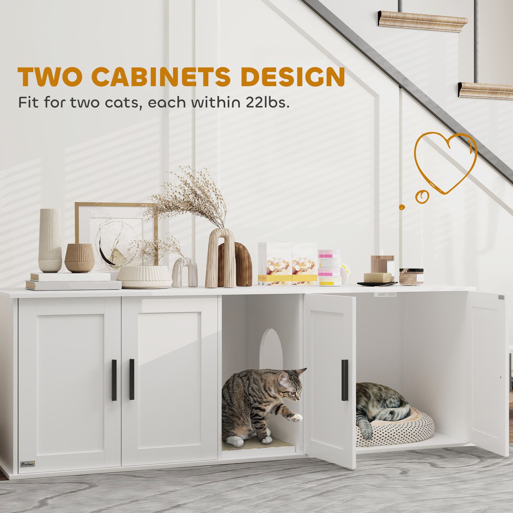 Cat Litter Box Enclosure with Double Room, Scratching Mat for 2 Cats, 57" x 19" x 20", White - White - Image 5