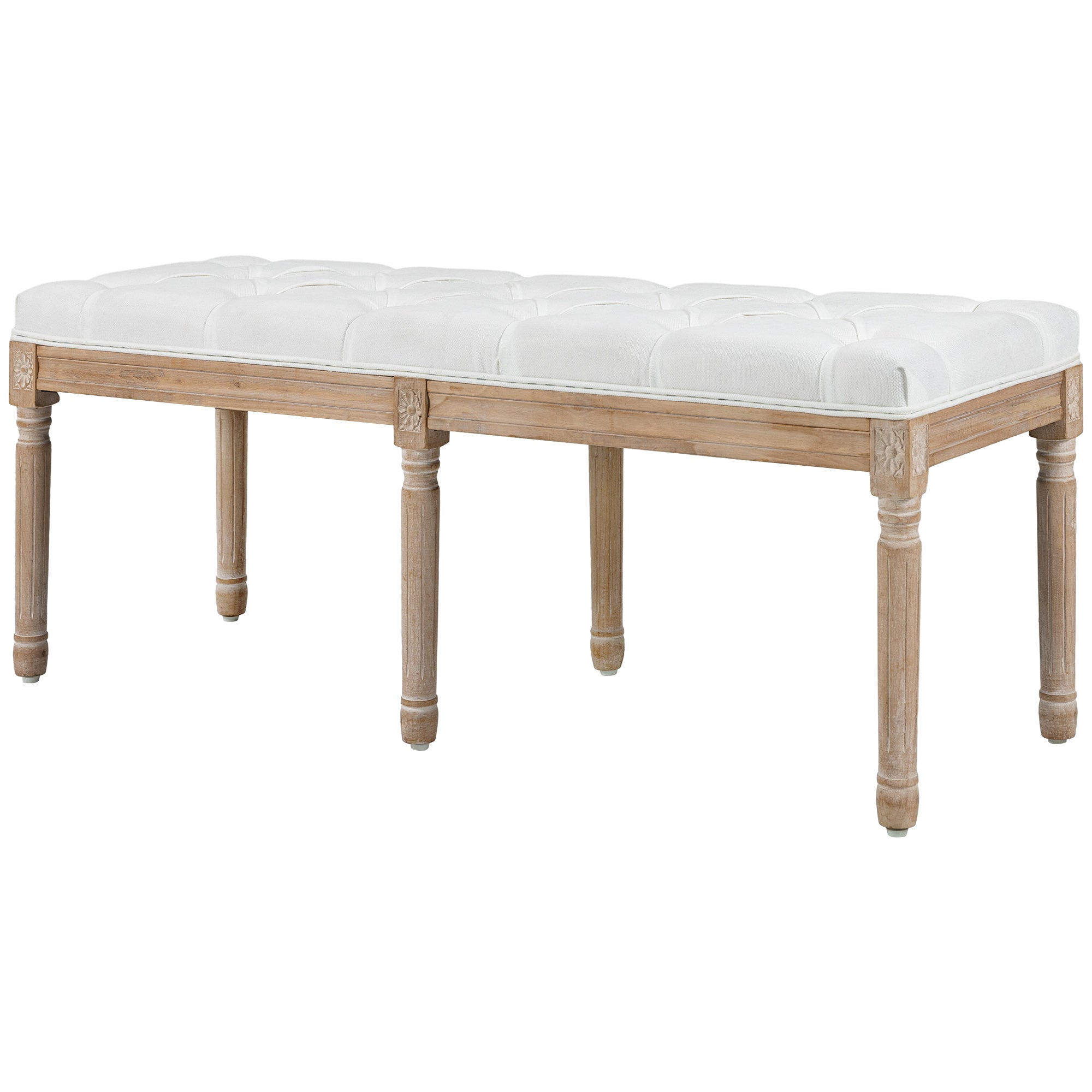 46" Linen Upholstered Bedroom Bench, French End of Bed Bench with Thick Padded Cushion and Wooden Legs, Cream White