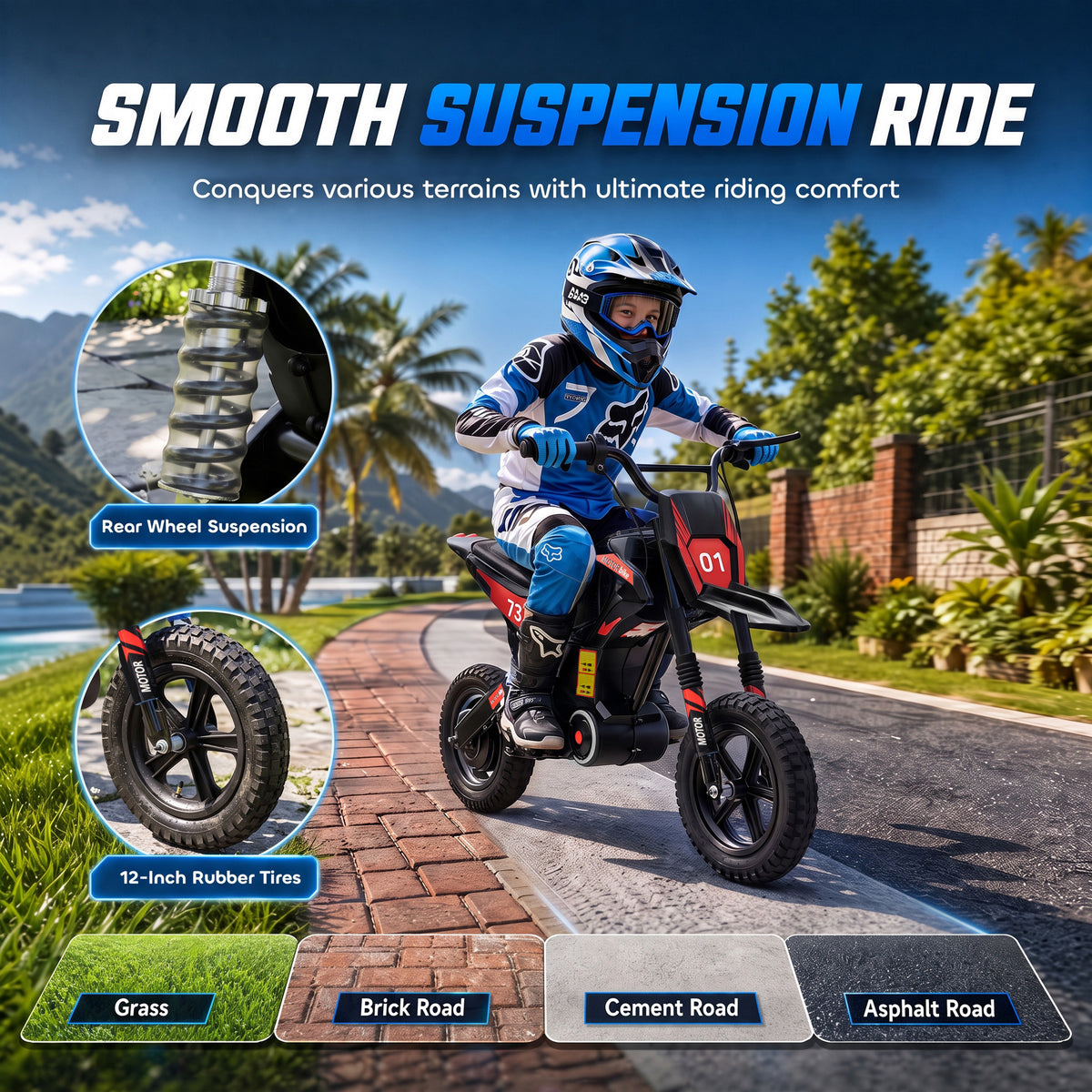 24V Kids Electric Motorcycle with 180W Brushless Motor, Suspension, Soft Start, 12" Rubber Tires for 6+ Years, Black