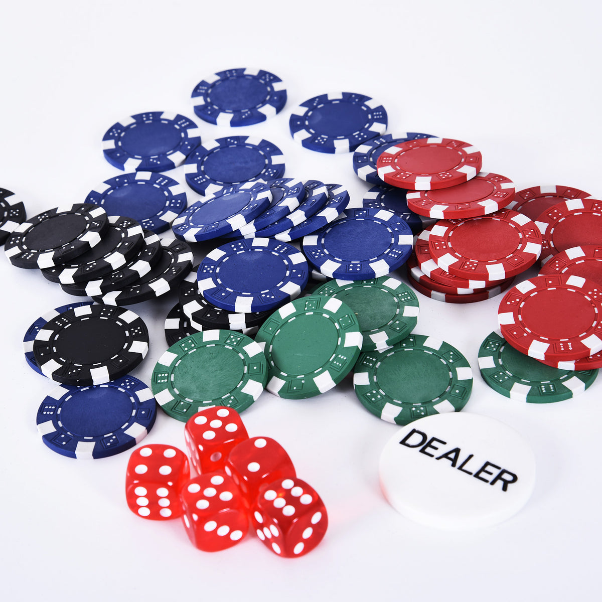 Poker Chip Set with Aluminum Case, 200 Striped Poker Chips, 2 Decks of Cards, 5 Dice, Dealer Button, Silver
