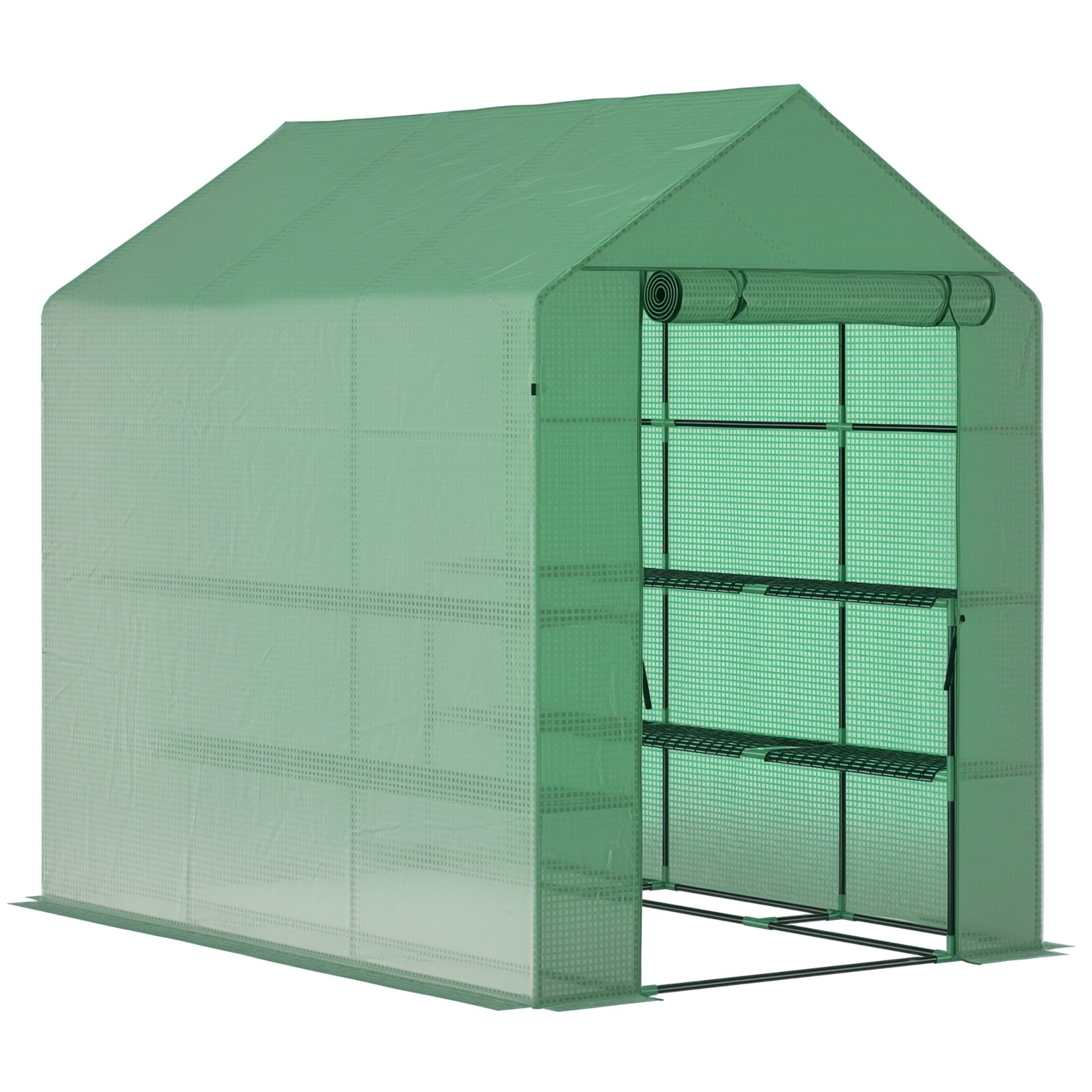 7' x 5' x 6' Walk-in Greenhouse for Outdoors with Mesh Door, 18 Shelf Hot House with Trellis, Plant Labels, UV Protective for Growing Flowers, Herbs, Vegetables, Saplings, Green - Green