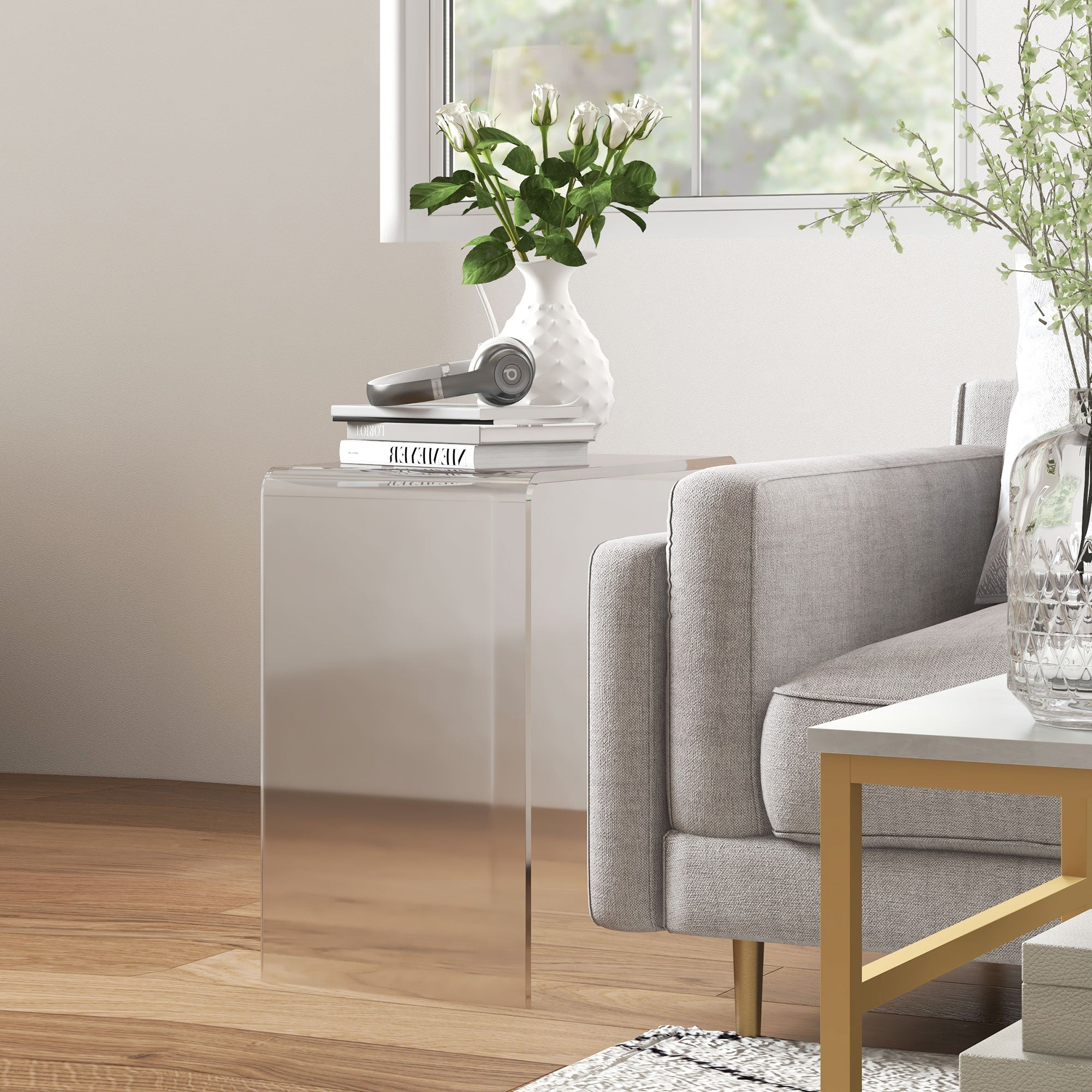 Modern Acrylic End Table, Waterfall Side Table with Rounded Edges and Storage for Small Spaces, 21" x 12" x 21", Clear