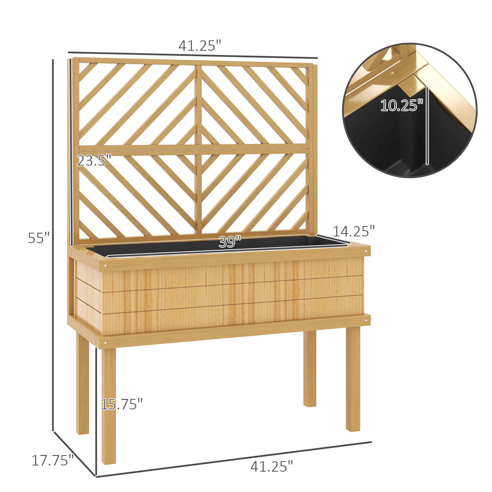 Elevated Wood Planter with Trellis for Climbing Plants, Raised Garden Bed with Legs and Drainage Holes, Natural Wood - Natural Wood - Image 3
