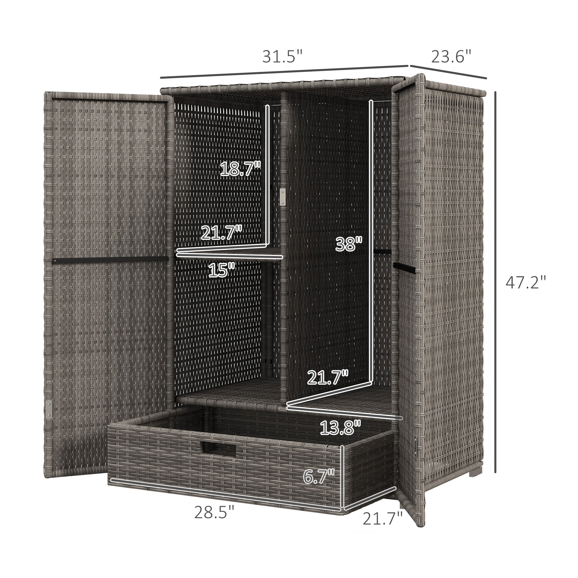 Outdoor Storage Cabinet with Shelves, Rattan Pool Towel Storage Cabinet with Removable Shelf & Drawer, Dark Gray - Dark Gray - Image 3