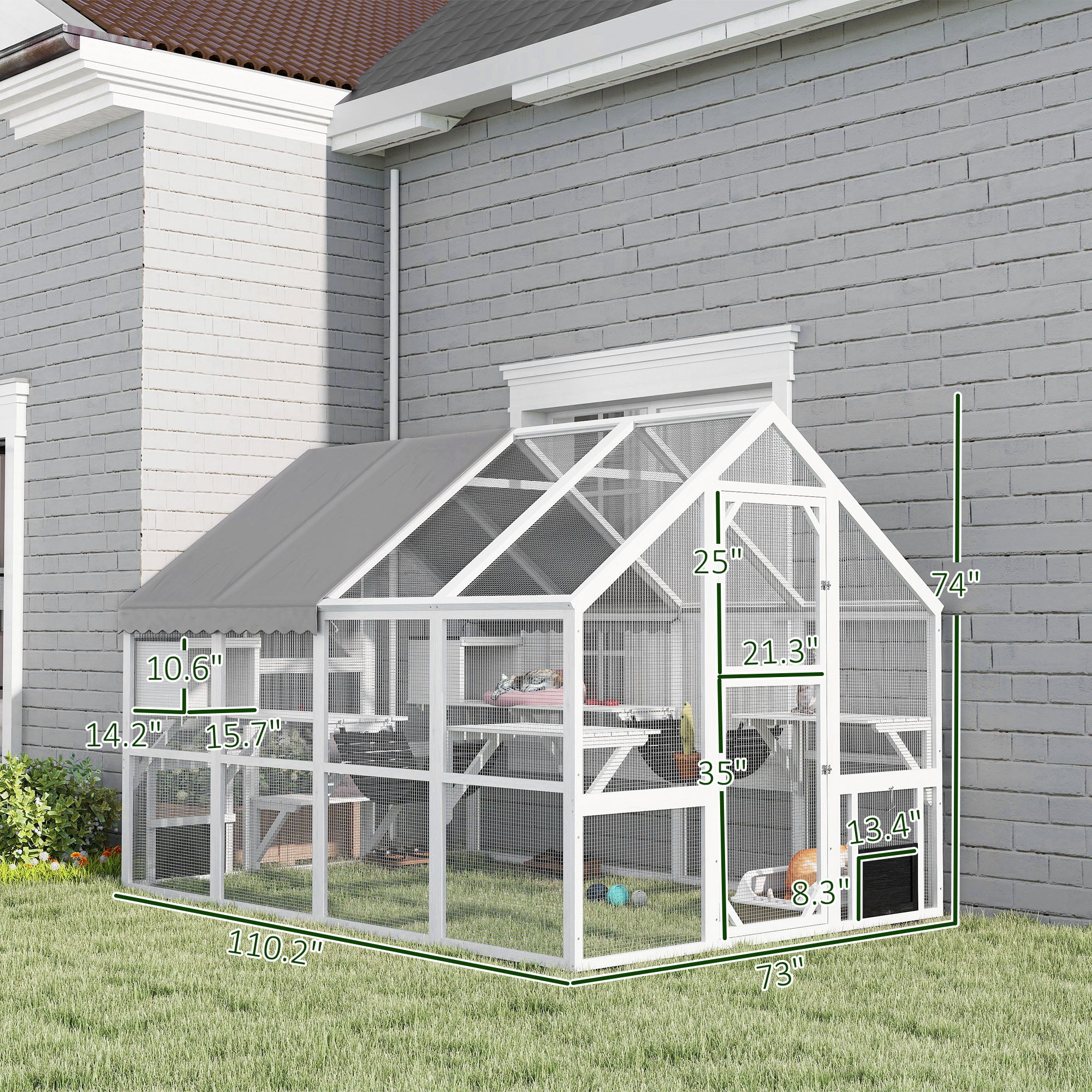 Wooden Catio Outdoor Cat Enclosure with Waterproof Cover, 2 Condos, 6 Platforms, Bridge, Doors, White - White - Image 3