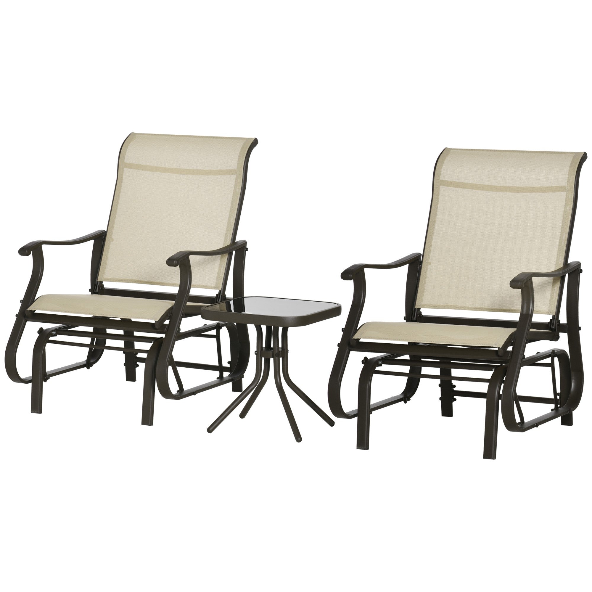 3-Piece Outdoor Gliders Set Bistro Set with Steel Frame, Tempered Glass Top Table for Patio, Garden, Backyard, Lawn, Beige