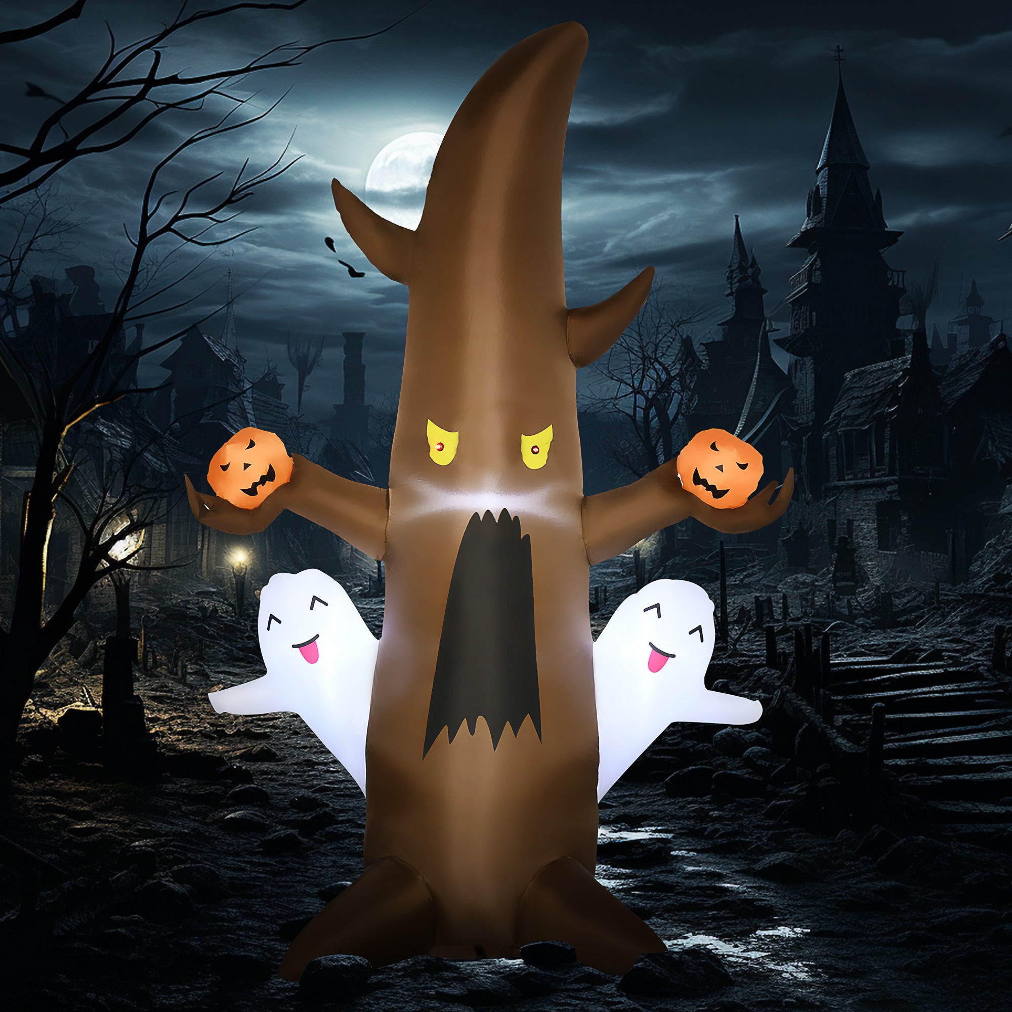 5' Halloween Inflatables Outdoor Decorations Ghost Tree with Pumpkins, Blow-Up LED Yard Decor Indoor Outdoor for Garden, Lawn, Party, Holiday