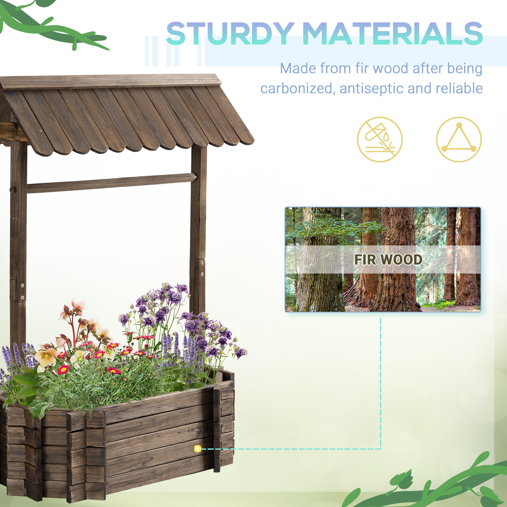 Wishing Well Planter, Wooden Raised Garden Bed, Ornamental Outdoor Flower Planter for Outdoor Garden, Yard, Lawn, and Home Decor - Rustic Brown - Image 6