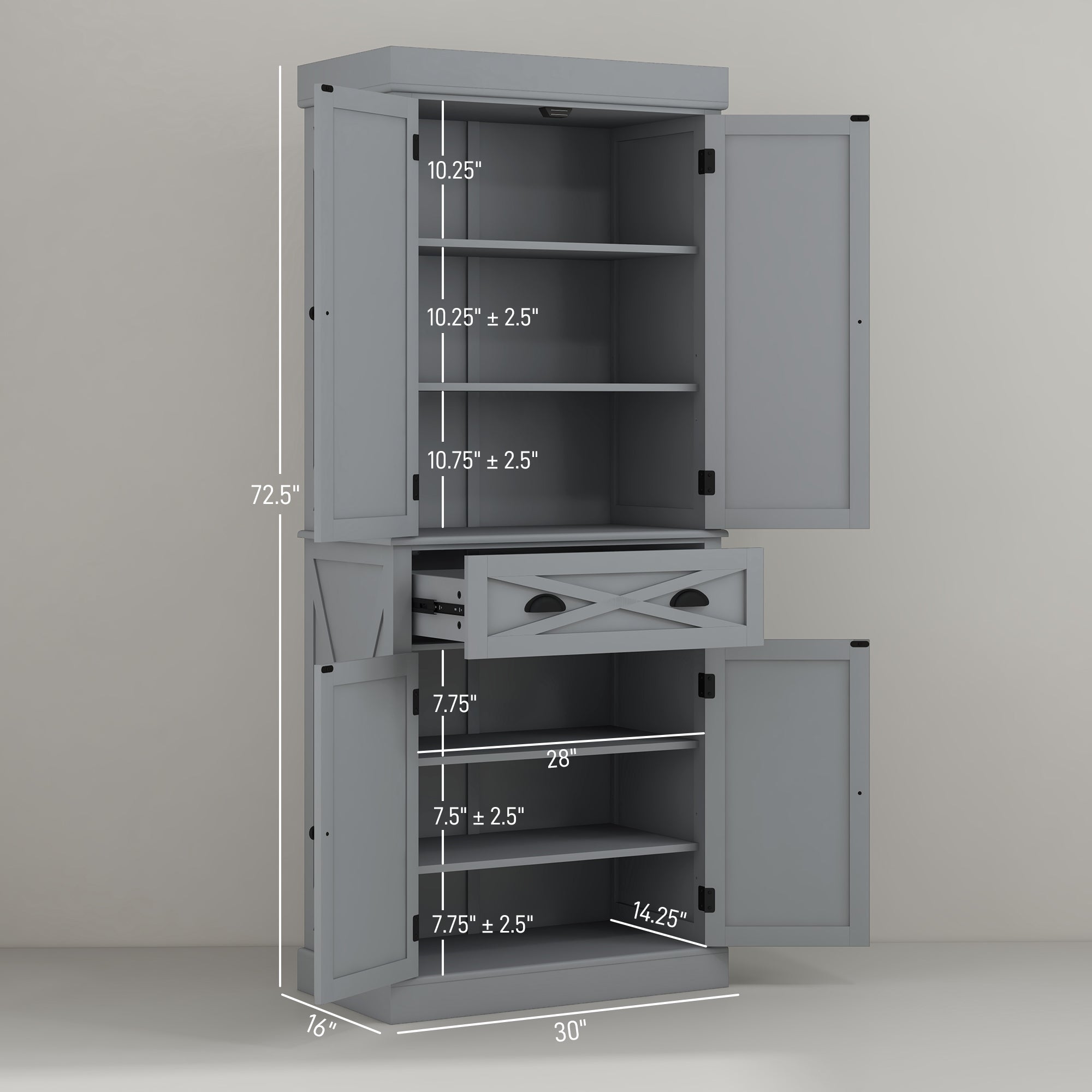 72" Kitchen Cabinet, Pantry Storage Cabinet with 4 Doors and 2 Adjustable Shelves, Large Central Drawer, Gray