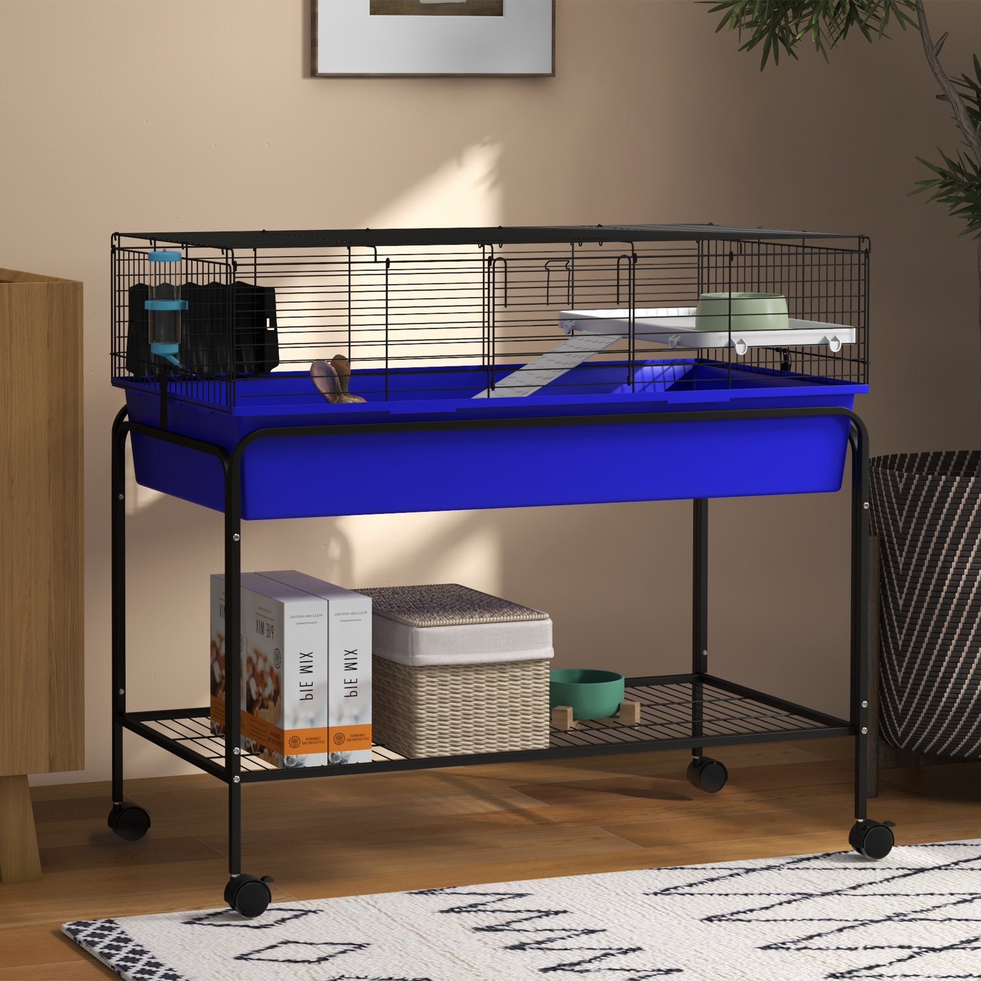 Two-Story Small Animal Cage Removable from Stand, Pet Habitat with Shelf & Wheels, 39" x 20.5" x 36.5", Blue - Blue - Image 2