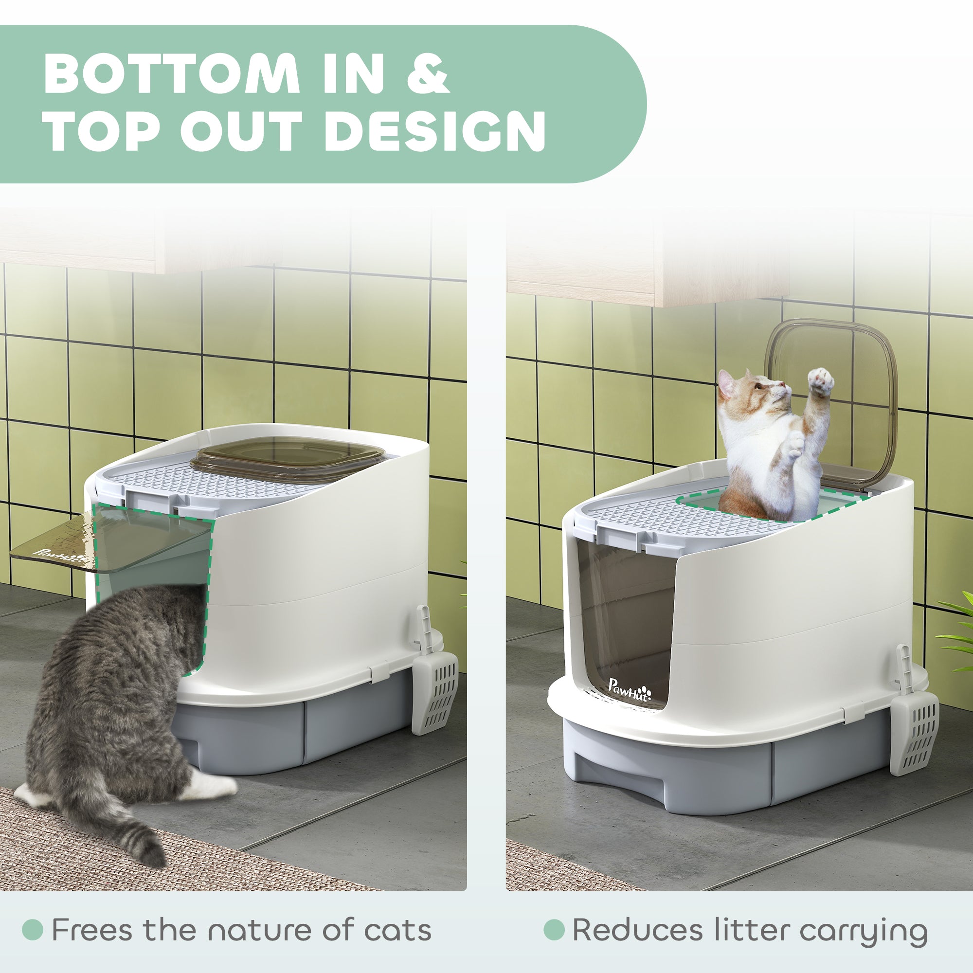 Covered Cat Litter Box with Lid, Drawer, Scoop, Top Entry, Deodorizing Bags, Odor Control, Easy to Clean, Gray - Gray - Image 6