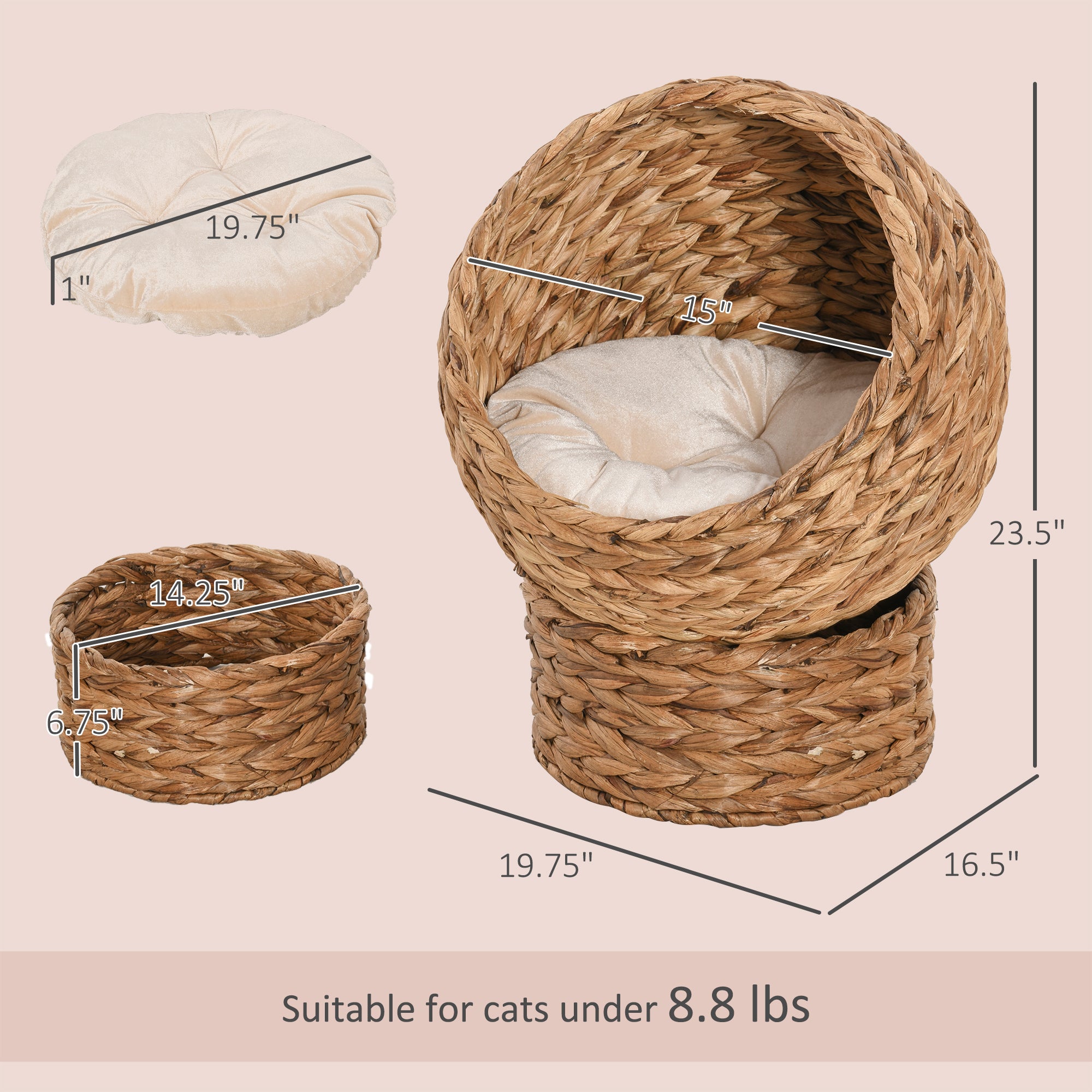 Handwoven Elevated Cat Bed with Soft Cushion & Egg Chair Shape, Basket Bed Kitty House with Stand, Raised Wicker House for Indoor Cats, 23.5" H, Light Brown - Brown - Image 3