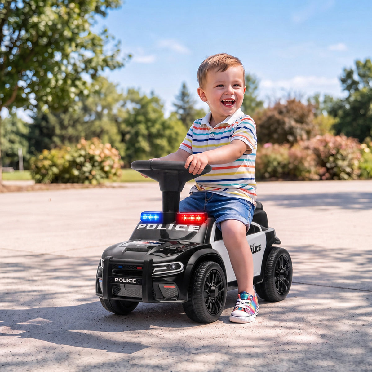 Toddler Push Car, Police Car Styling, Ride on Toys with Under-Seat Storage and Anti Tip Device, for 18-36 Months, Black