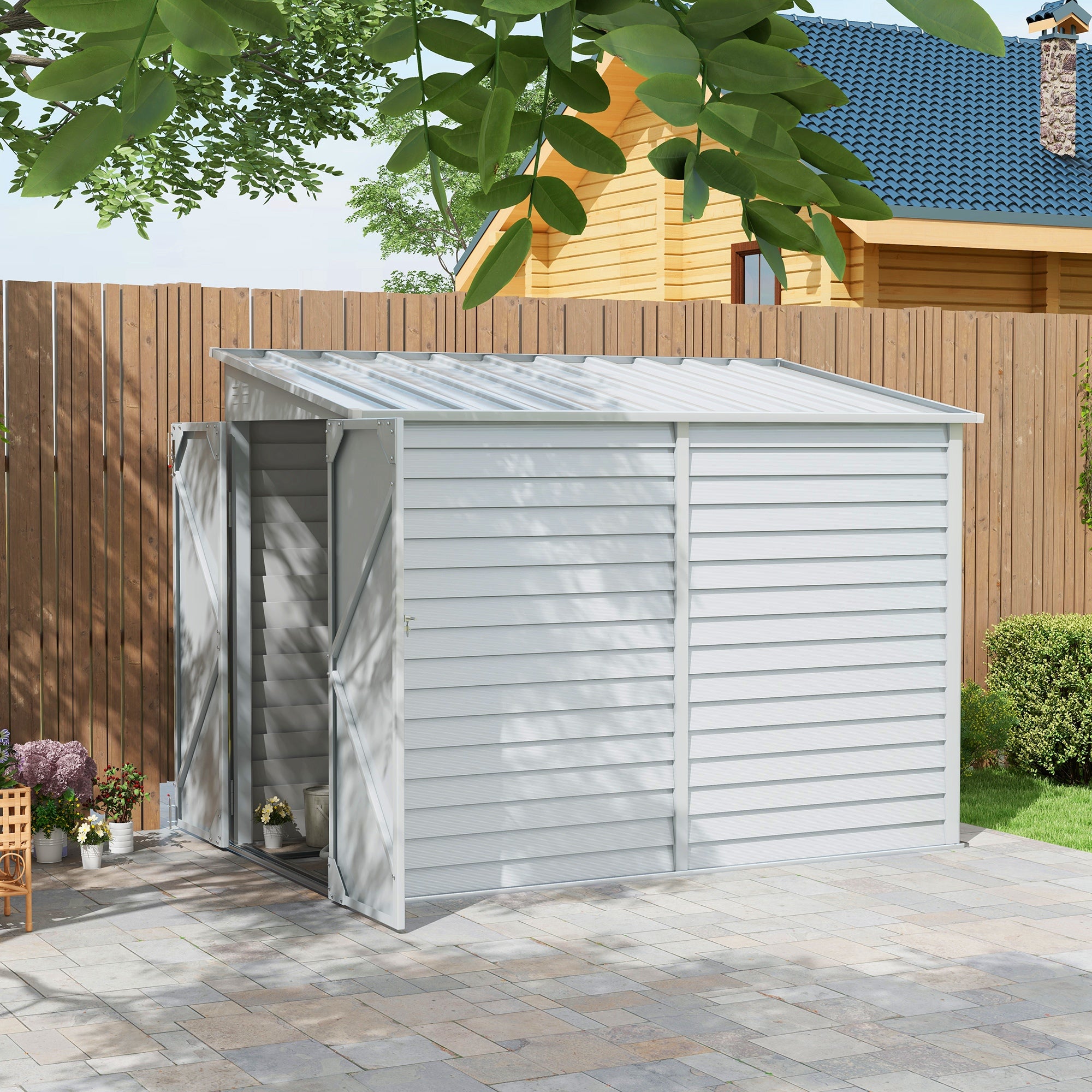 Garden Shed 4.6ft x 9ft Lockable for Lawn Mower Garden Yard, White - White - Image 2