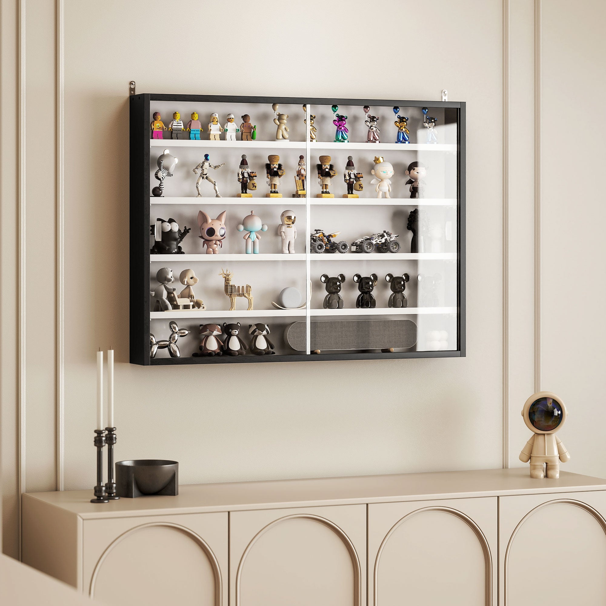 5-Tier Display Cabinet, Wall-Mounted Display Case with 2 Glass Doors and Adjustable Shelves, Black